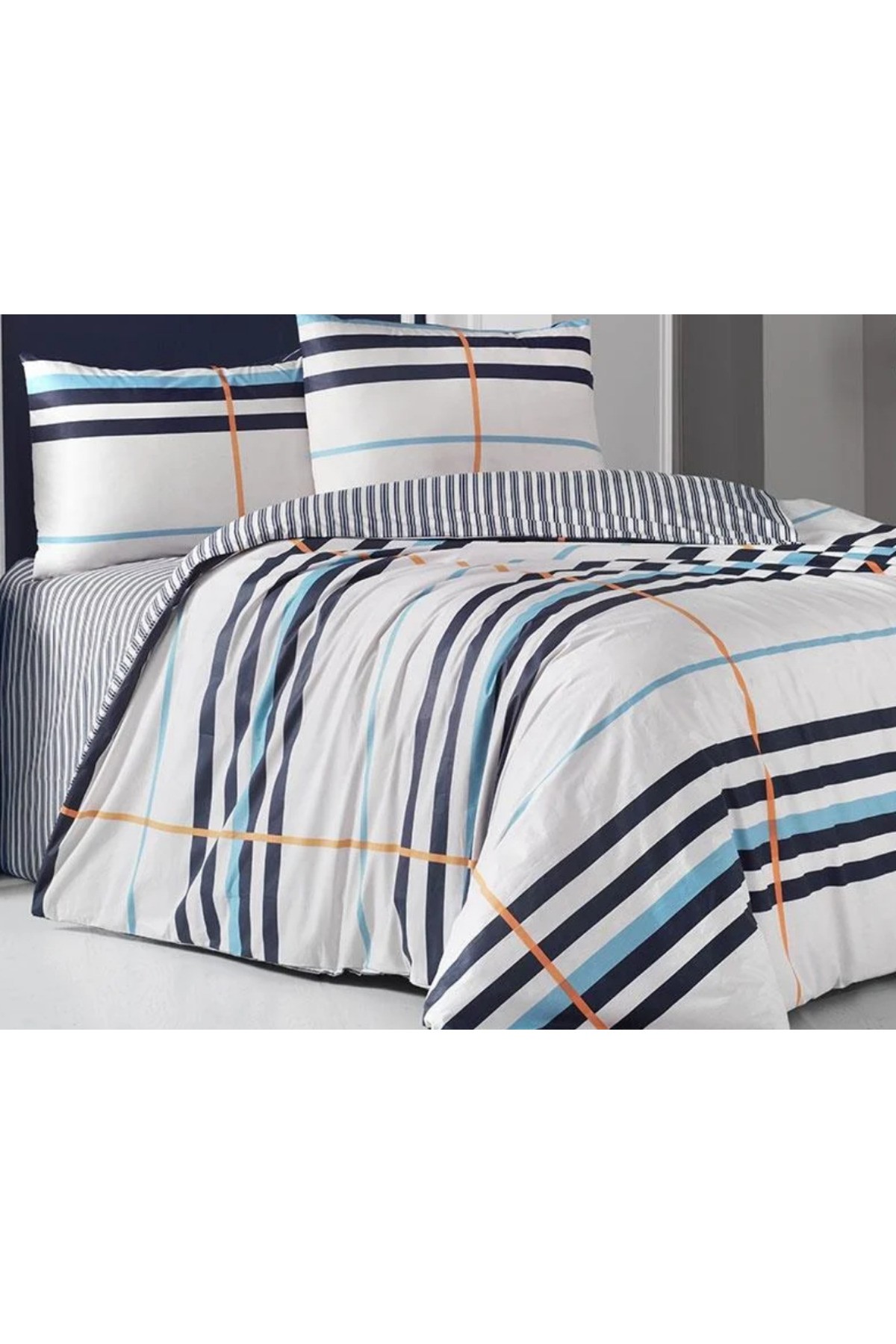 Ranforce Tek Kişilik Nevresim Takımı Striped Turkuaz