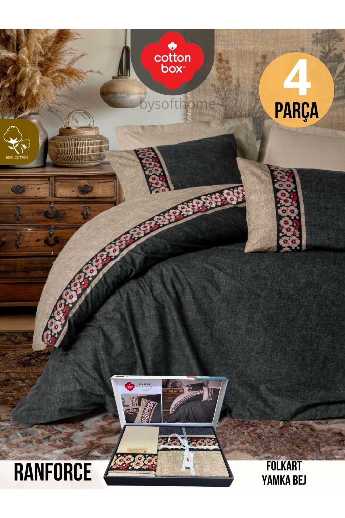 FOLKART YAMKA BEJ Ranforce Çift Kişilik Nevresim Takımı %100 Pamuk