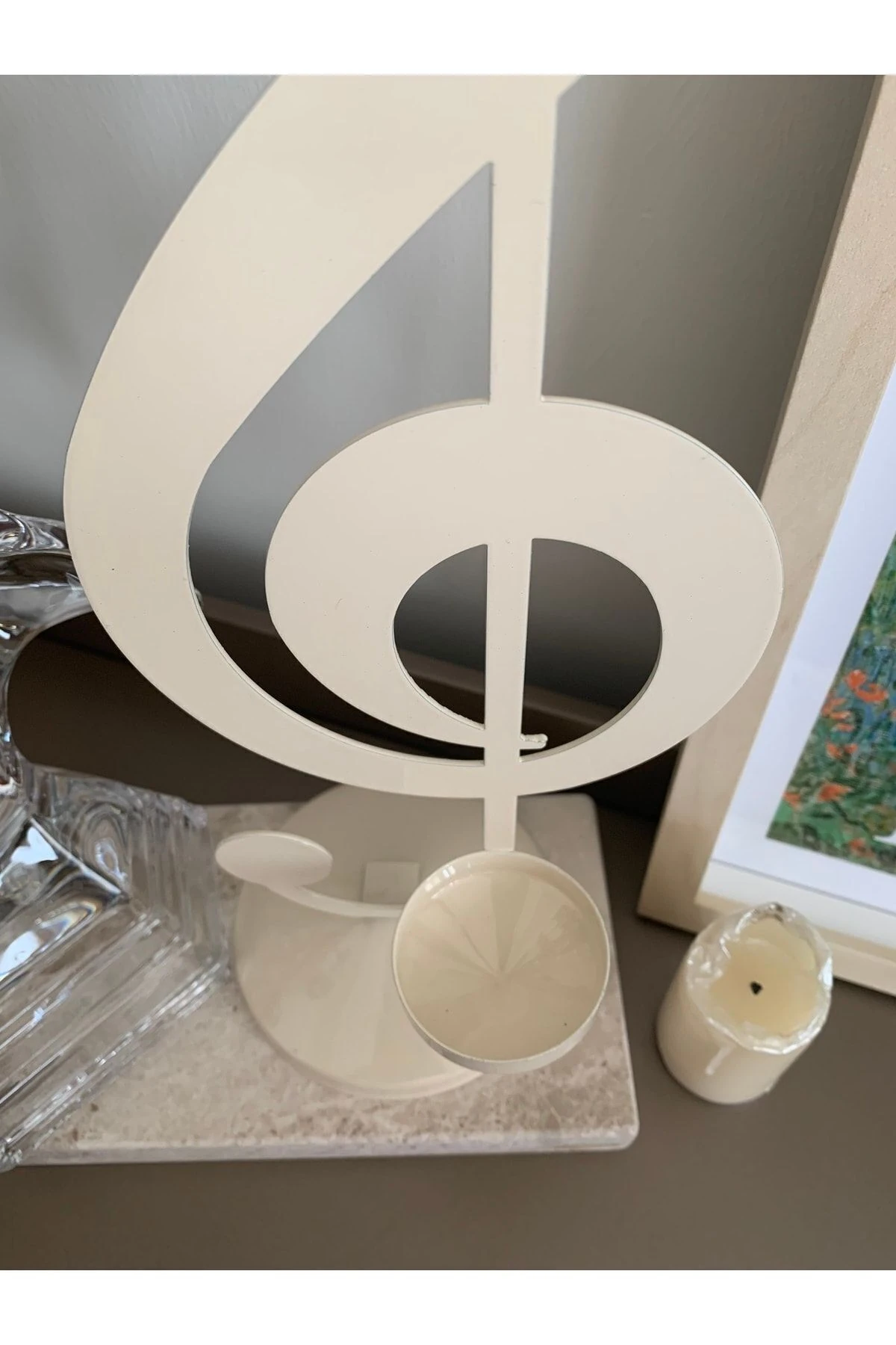 Metal Masaüstü Sol Anahtarı Mumluk 35 cm (Krem renk)