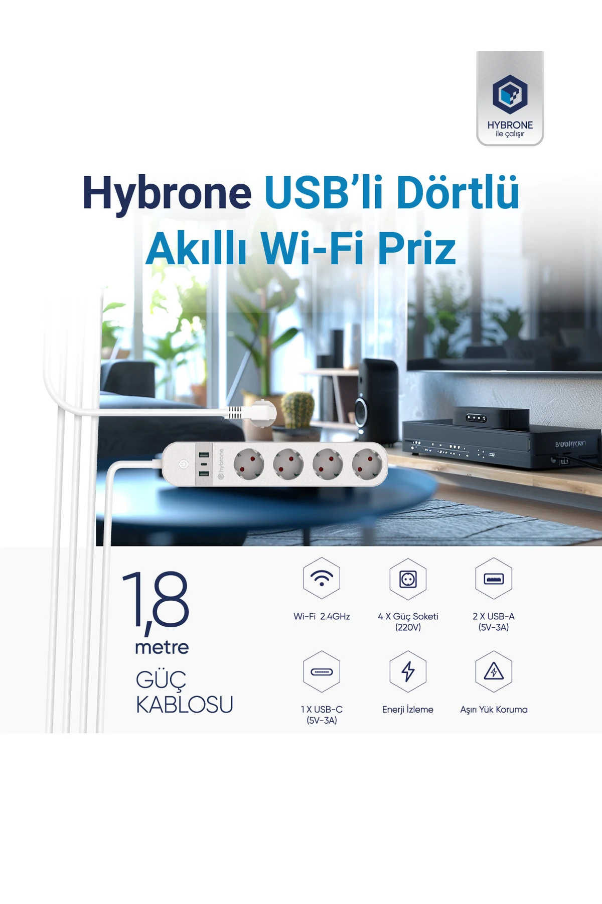 Usb Ve Type-c Girişli Akım Korumalı Dörtlü Wi-fi Akıllı Priz, 16 Amper, Enerji Izleme