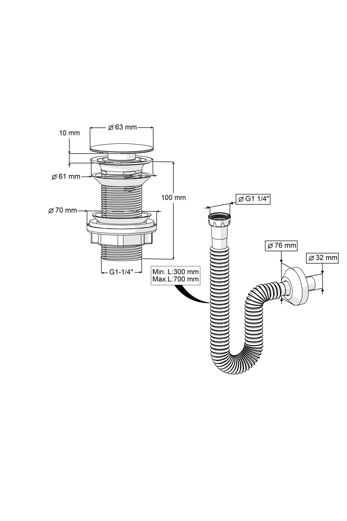 İZ YAPI PASLANMAZ ÇELİK BAŞLIKLI TAŞMASIZ POP-UP VE KÖRÜKLÜ GİDER BORUSU