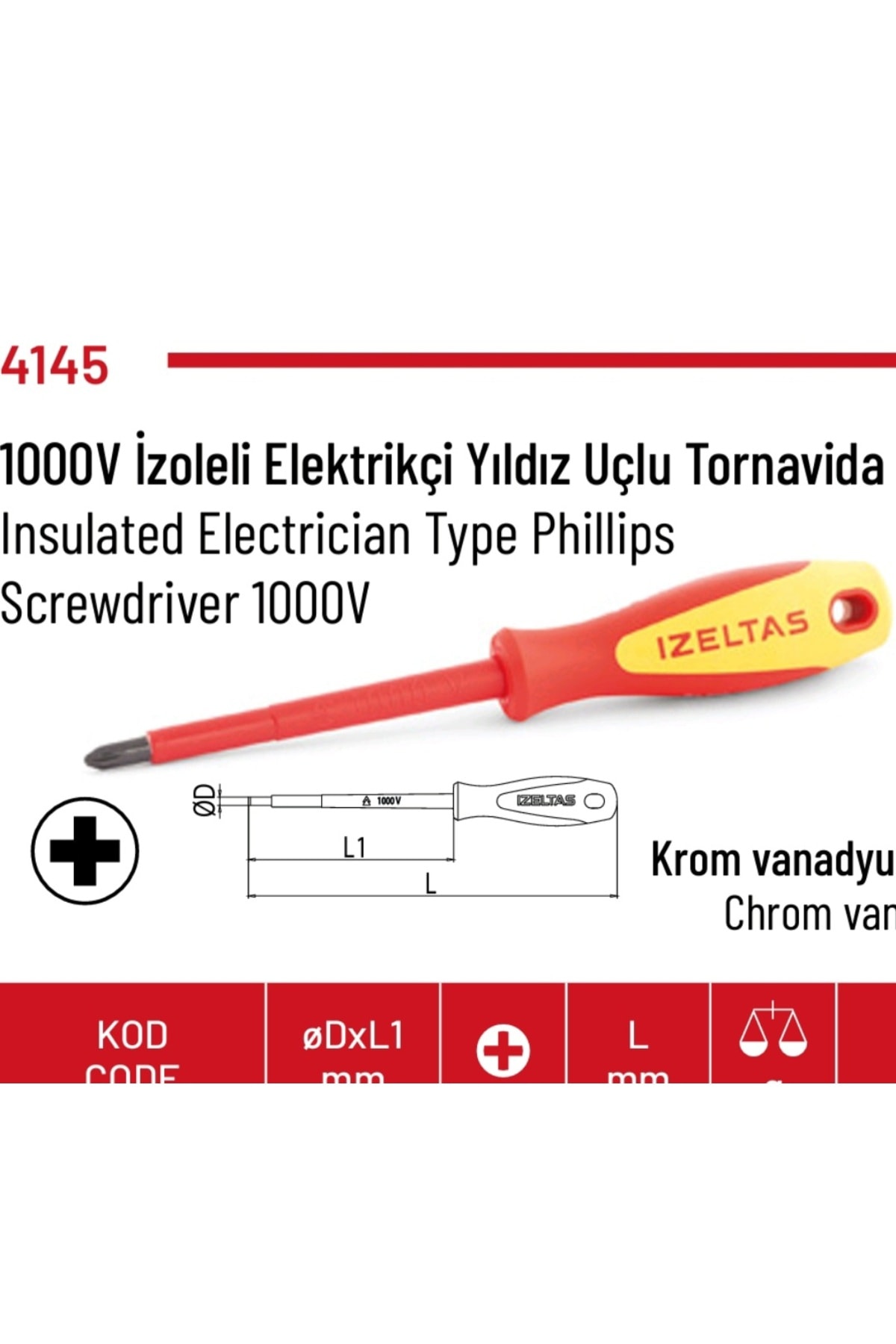 1000V İzoleli Yıldız Uçlu Tornavida 6*100