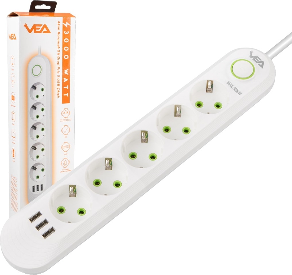 Beyaz 5'lü Akım Korumalı Priz 3 USB 1,5 Metre Elektronik Ürün Koruyucu Uzatma Kablosu Vea