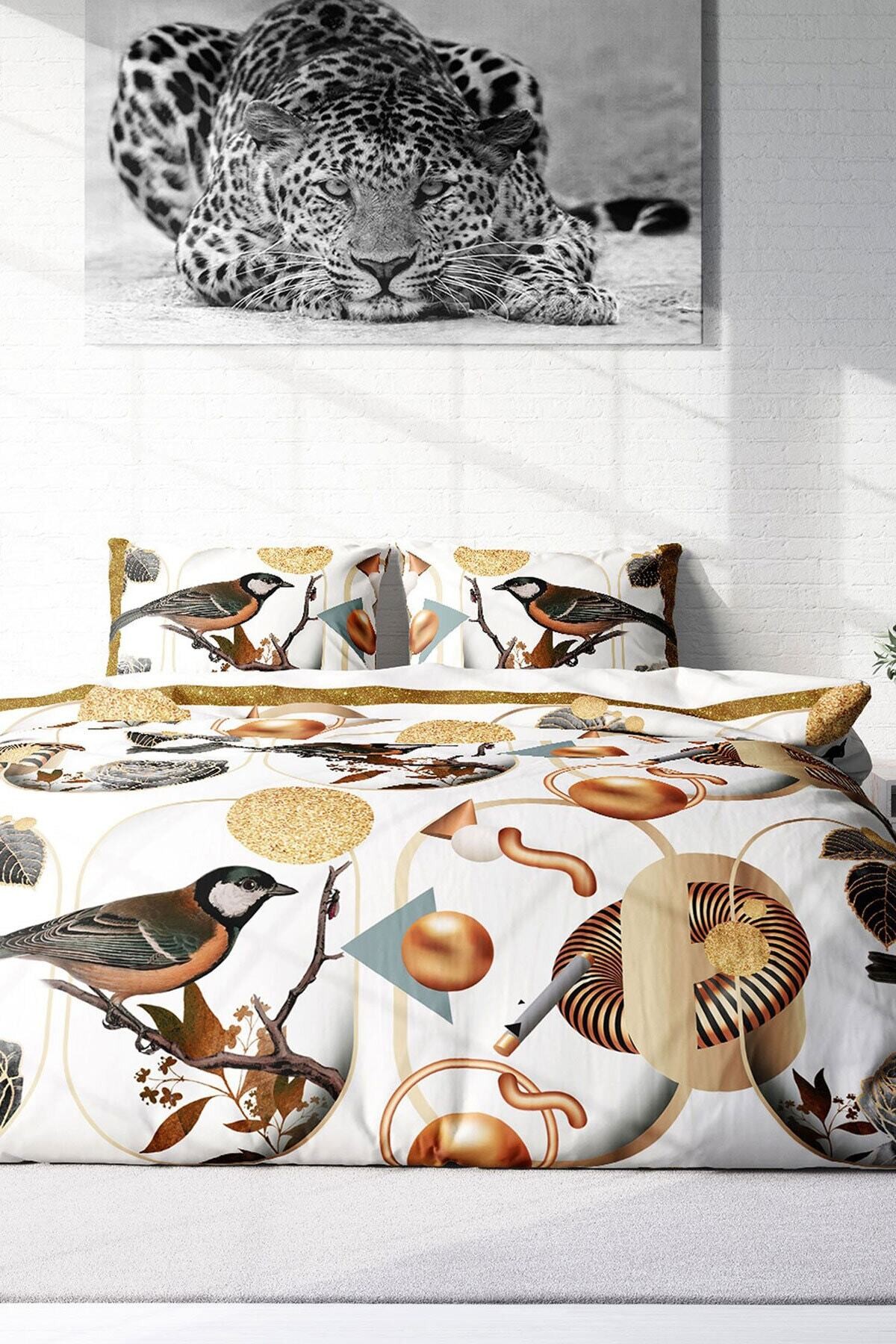 Kıng Sıze Bird Circle 3d Pamuk Saten Çift Kişilik Nevresim Takımı 220x240cm