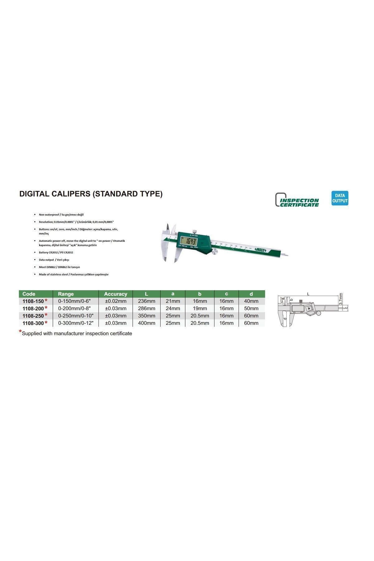 İNSİZE DİJİTAL KUMPAS 150MM 1108-150 MM