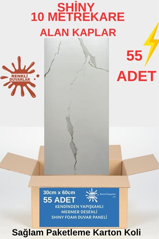BS1763 Shiny 10m2 55 Adet 30x60cm Yapışkanlı  Mermer Desenli Karavan Banyo Wc Duvar Kaplama Paneli