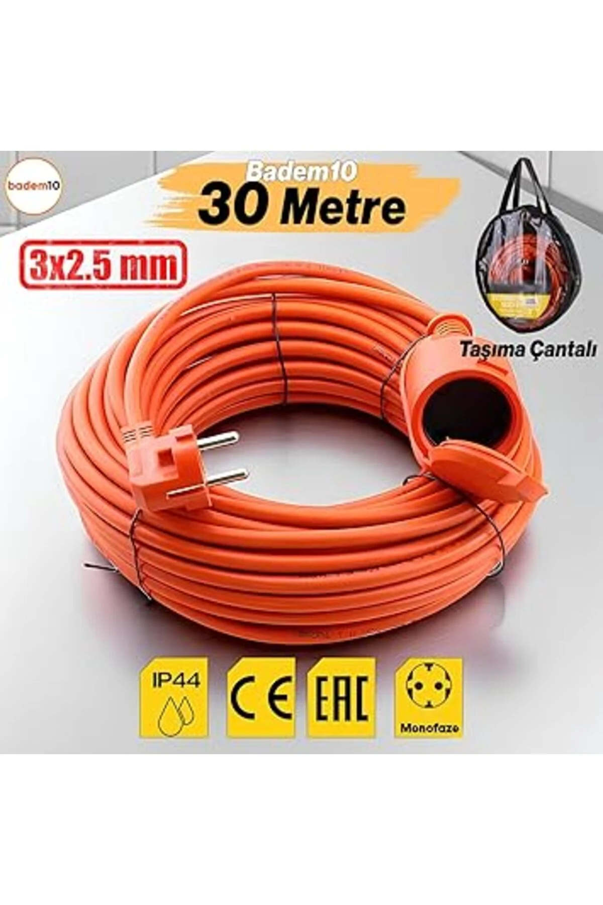 Kablosu 30 METRE 3x2.5 mm Ev Tipi Topraklı CCA Kablolu Tekli Grup Fiş Priz Kapaklı Monofaze