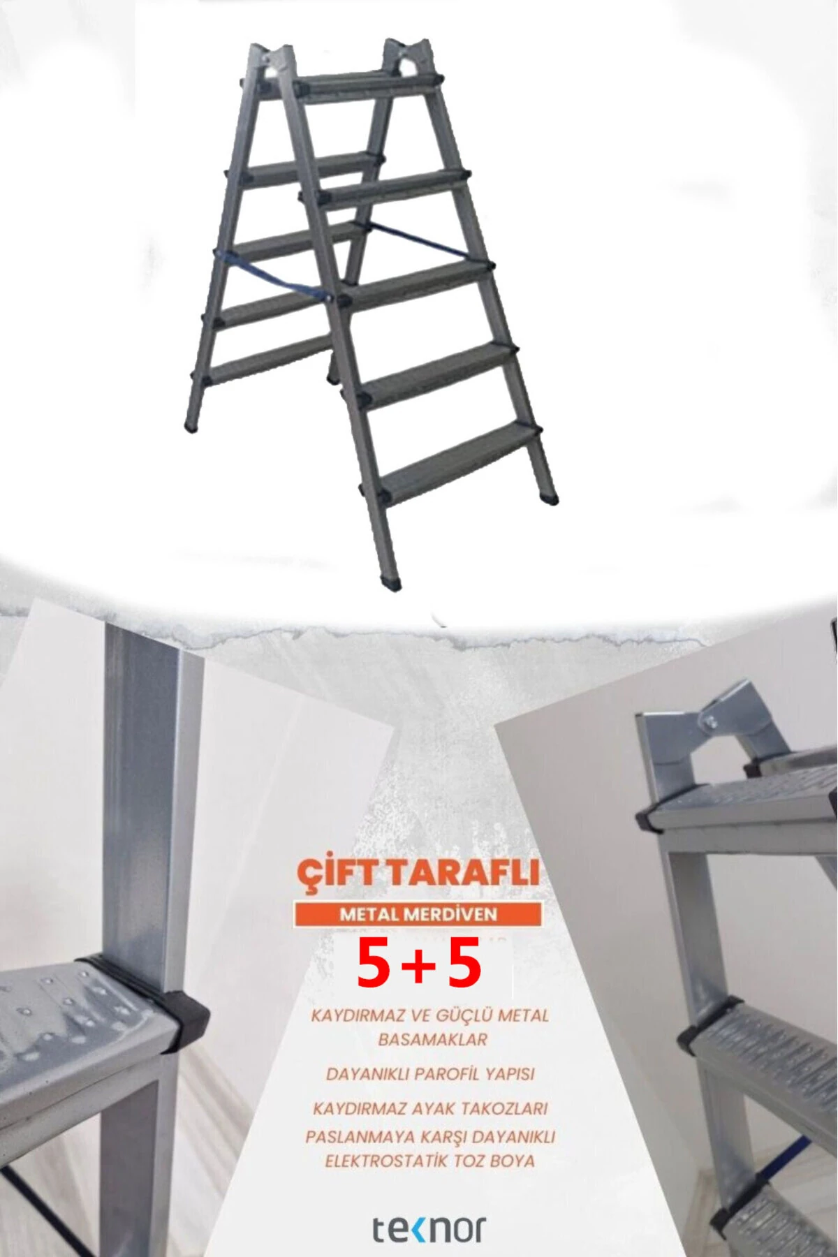 Çift Taraflı Dayanıklı 5+5 Metal Basamaklı Merdiven