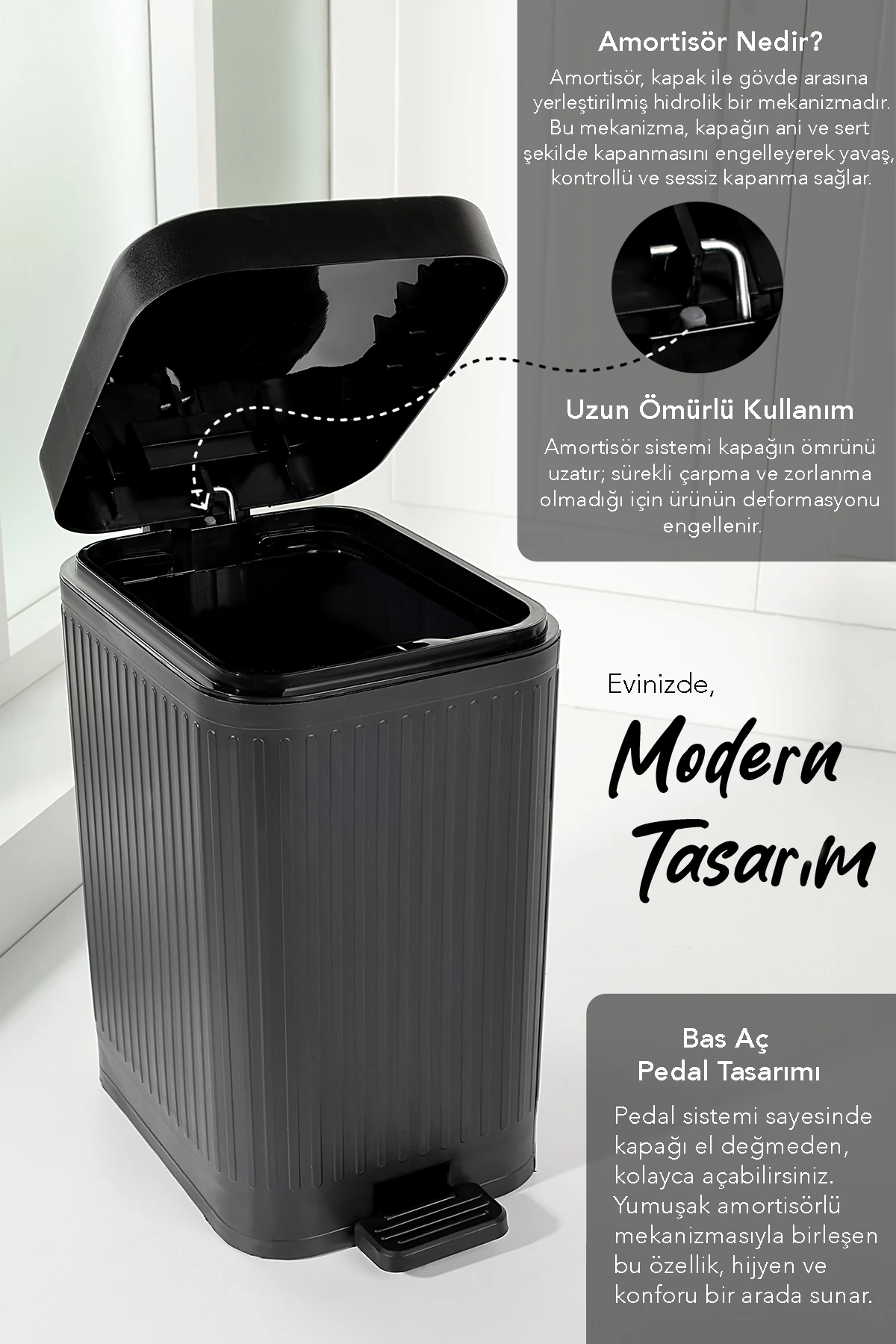 10 Lt Pedallı Sessiz Çöp Kovası - Yavaş Kapanır Amortisörlü Kapak Banyo Mutfak Çöp Kovası Siyah