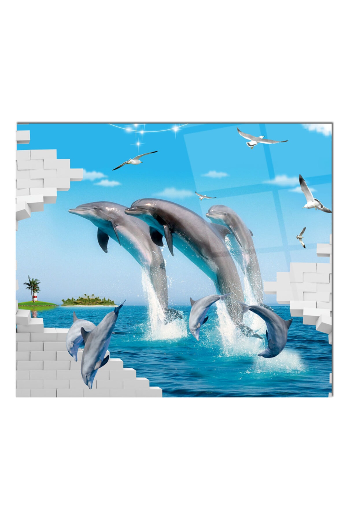 60x52 cm Cam Ocak Arkası Koruyucu Yunuslar Desenli Ankastre Arkası Koruyucu