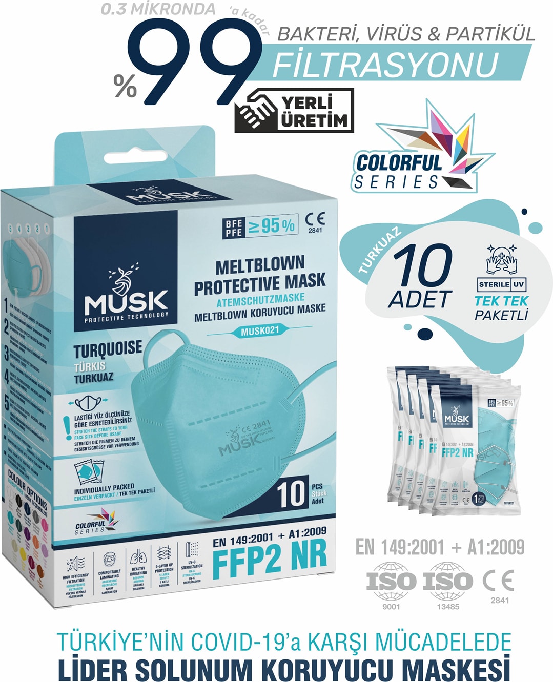 FFP2 Maske 10 Adet Turkuaz Meltblown Filtreli Esnek Kulak İpi ile Konforlu Kullanım