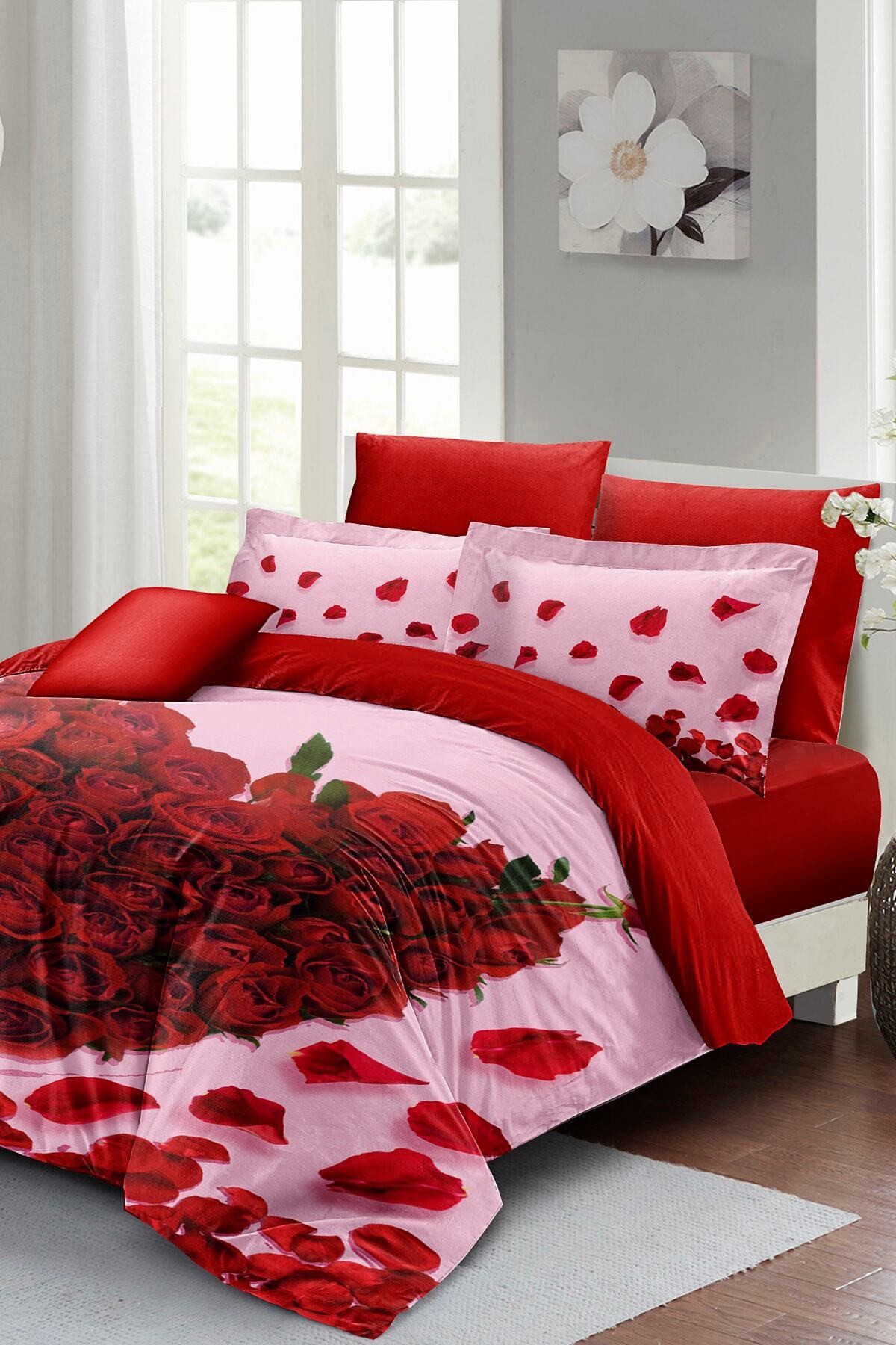 Kıng Sıze Sevgililer Günü Çift Kişilik Nevresim Takımı%100 Pamuk Saten Gül Aşkına 220x240cm