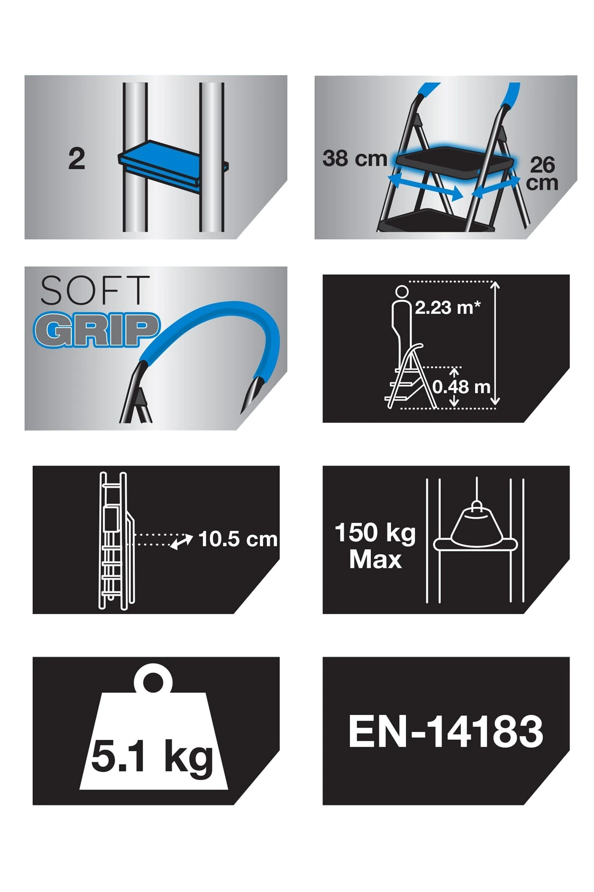 Katlanabilir 2 Basamaklı Çelik Merdiven Geniş Basamaklı Kilitli Mavi Cg020