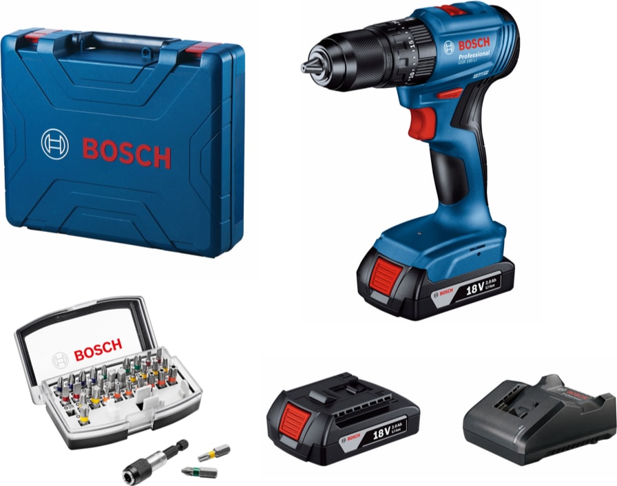 BOSCH Gsb 185-LI 2 x 2.0AH Çift Akülü Darbeli Matkap + 32 Parça Bits Uç Seti