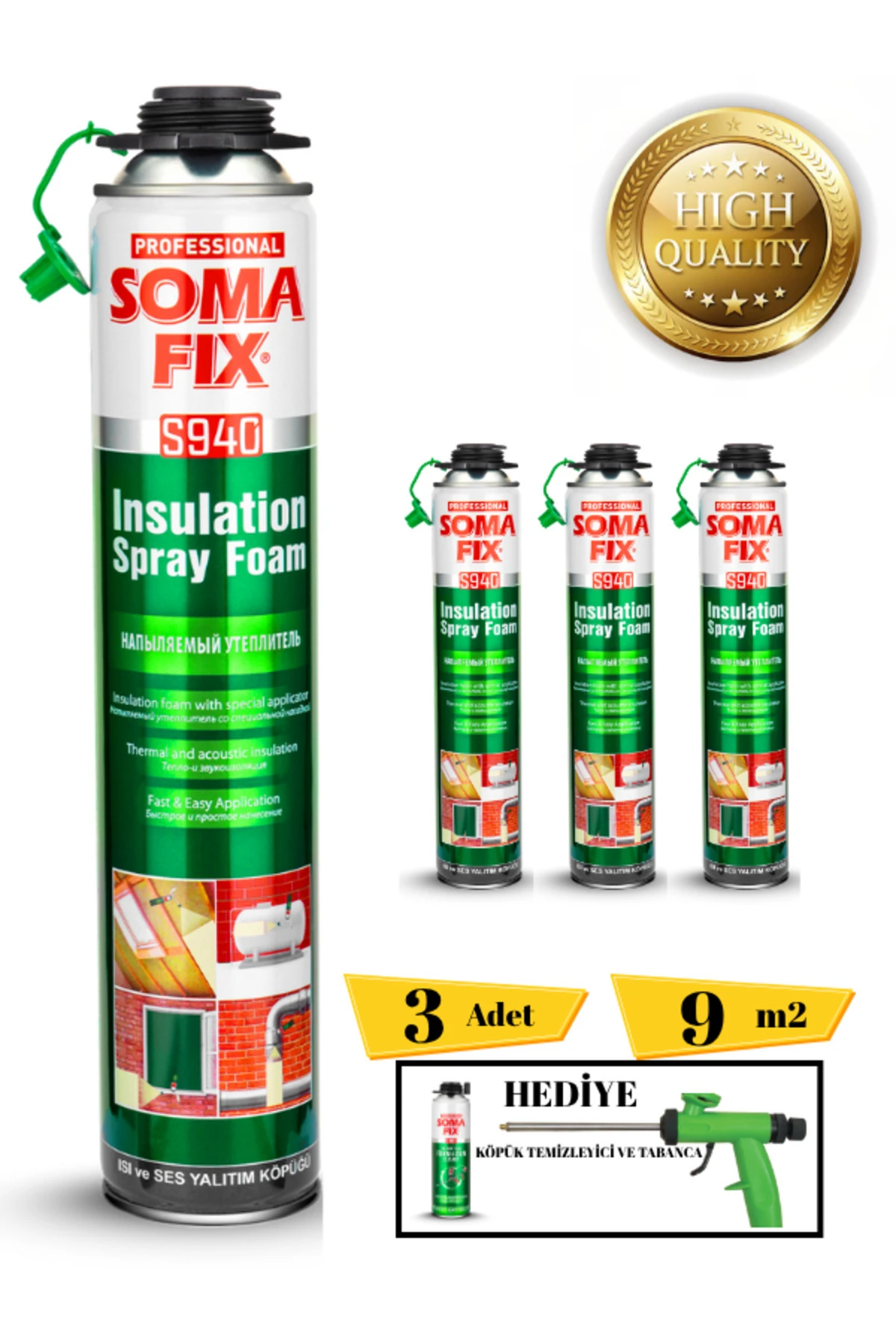 Poliüretan Termal Isı Ve Ses Yalıtım Sprey Köpük (3 ADET) Tabanca Ve Temizleyici Hediyeli
