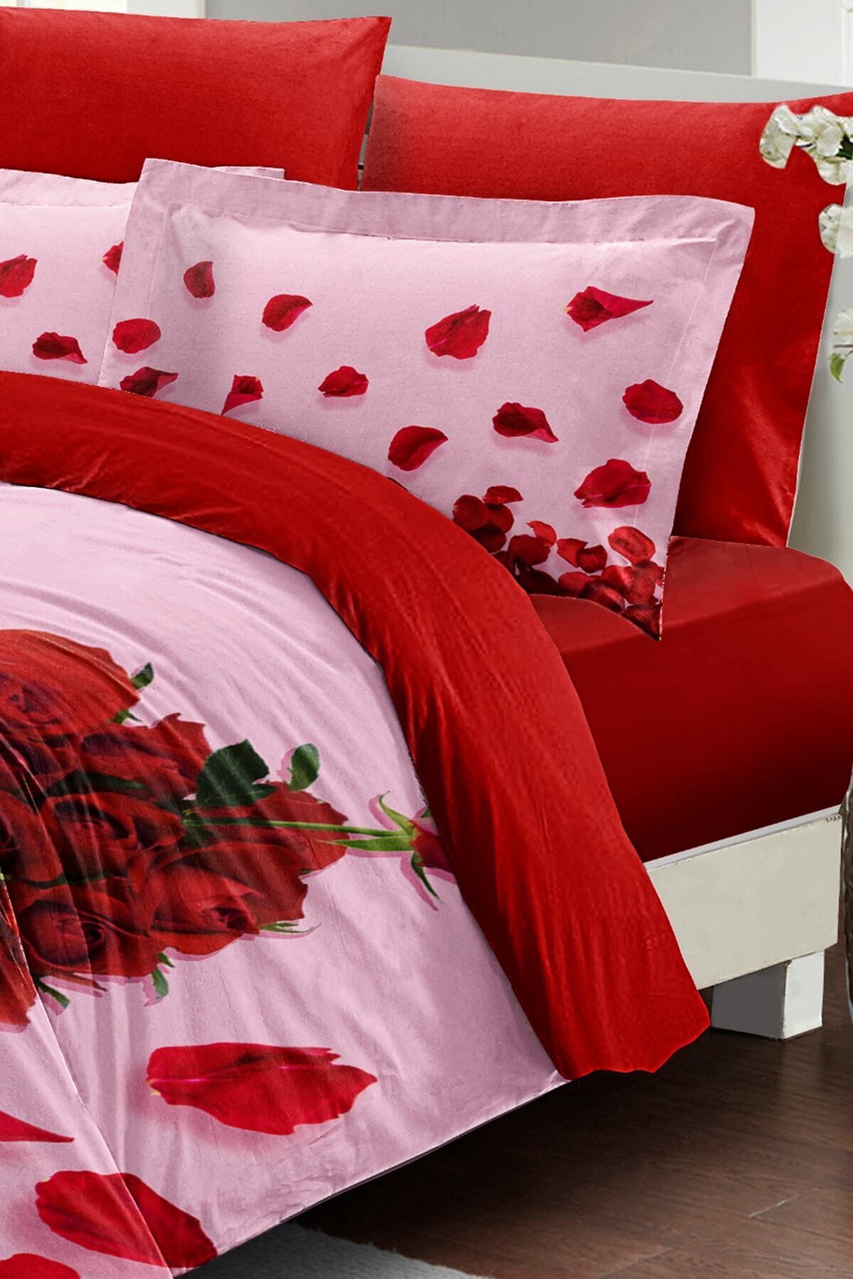 Kıng Sıze Sevgililer Günü Çift Kişilik Nevresim Takımı%100 Pamuk Saten Gül Aşkına 220x240cm