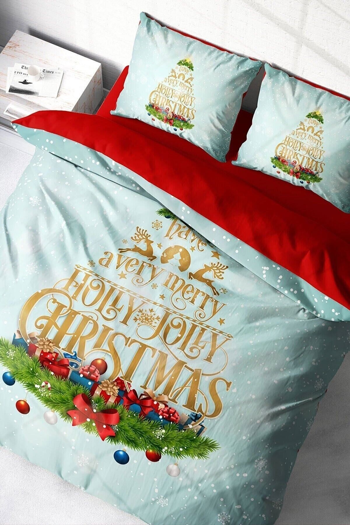 Yılbaşı Nevresim Takımı (Lastikli Çarşaflı) Çift Kişilik %100 Pamuk Saten Jolly Noel