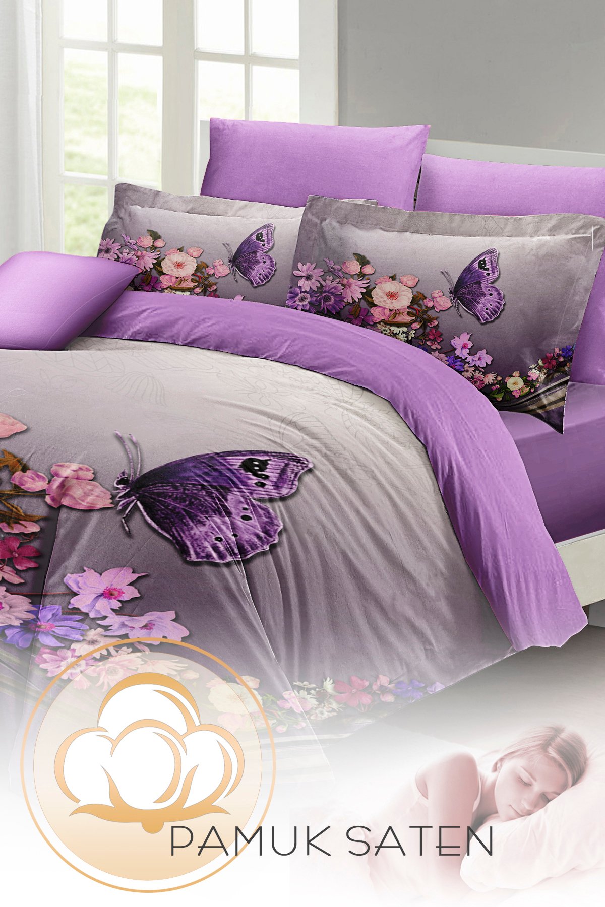 Kıng Sıze Anneler Günü Çift Kişilik Nevresim Takımı %100 Pamuk Saten Butterfly 220x240cm
