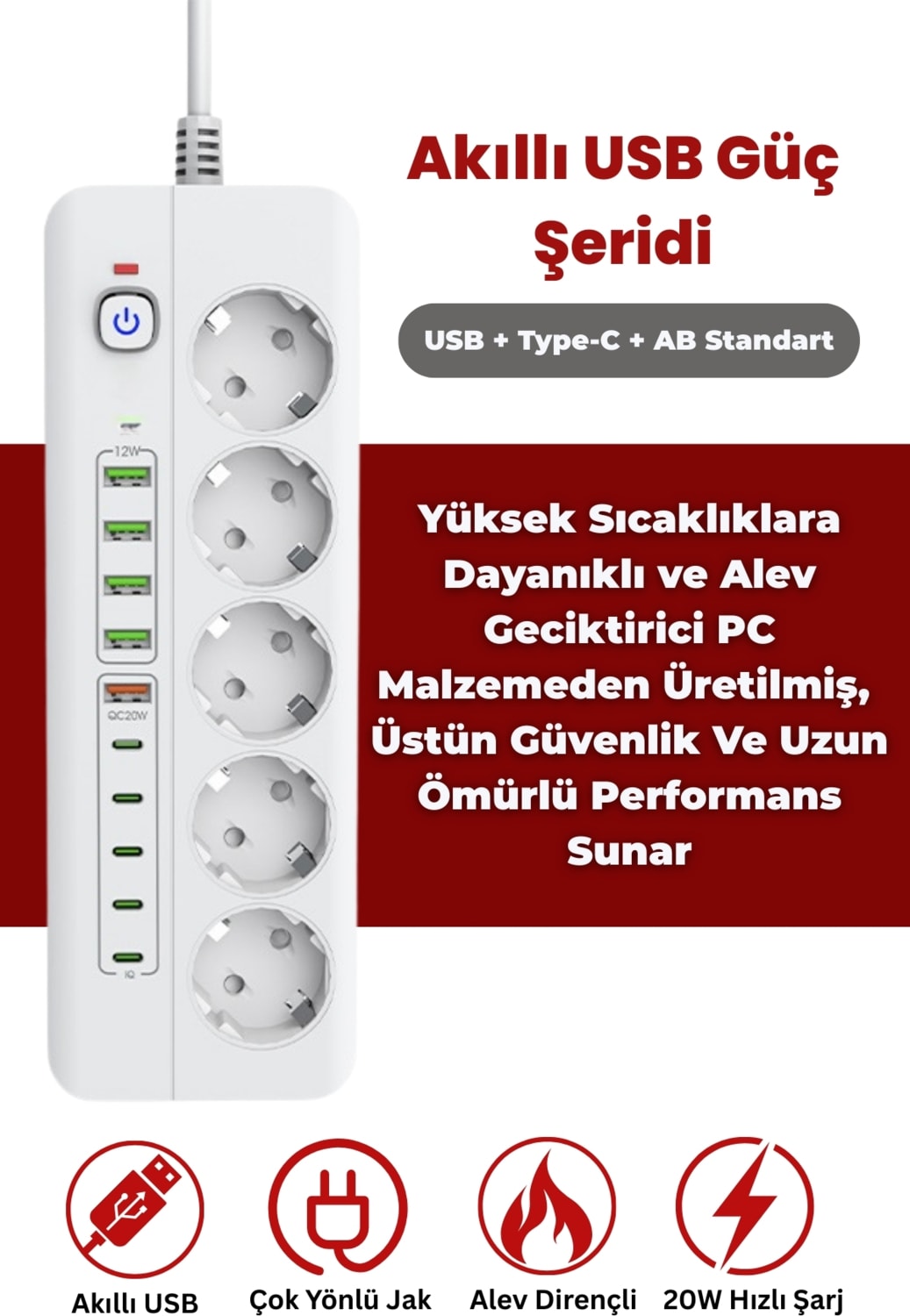 Pro P13 3000W Akım Korumalı 5 Girişli Type-C ve USB Girişli Uzatmalı Grup Priz