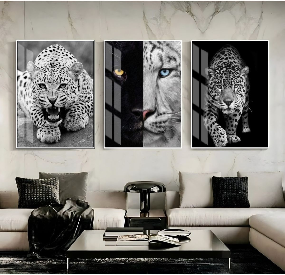 Aslan Kaplan Leopar Tablosu 04 Çerçeveli Temperli Cam Tablo 3'lü
