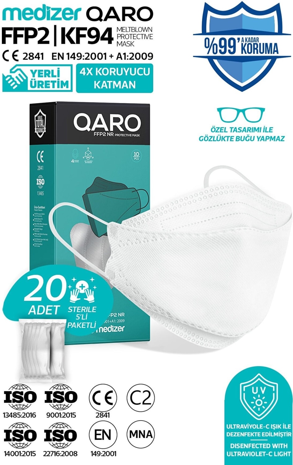 Qaro Beyaz Renk Kore Tipi KF94 Ffp2 Maske