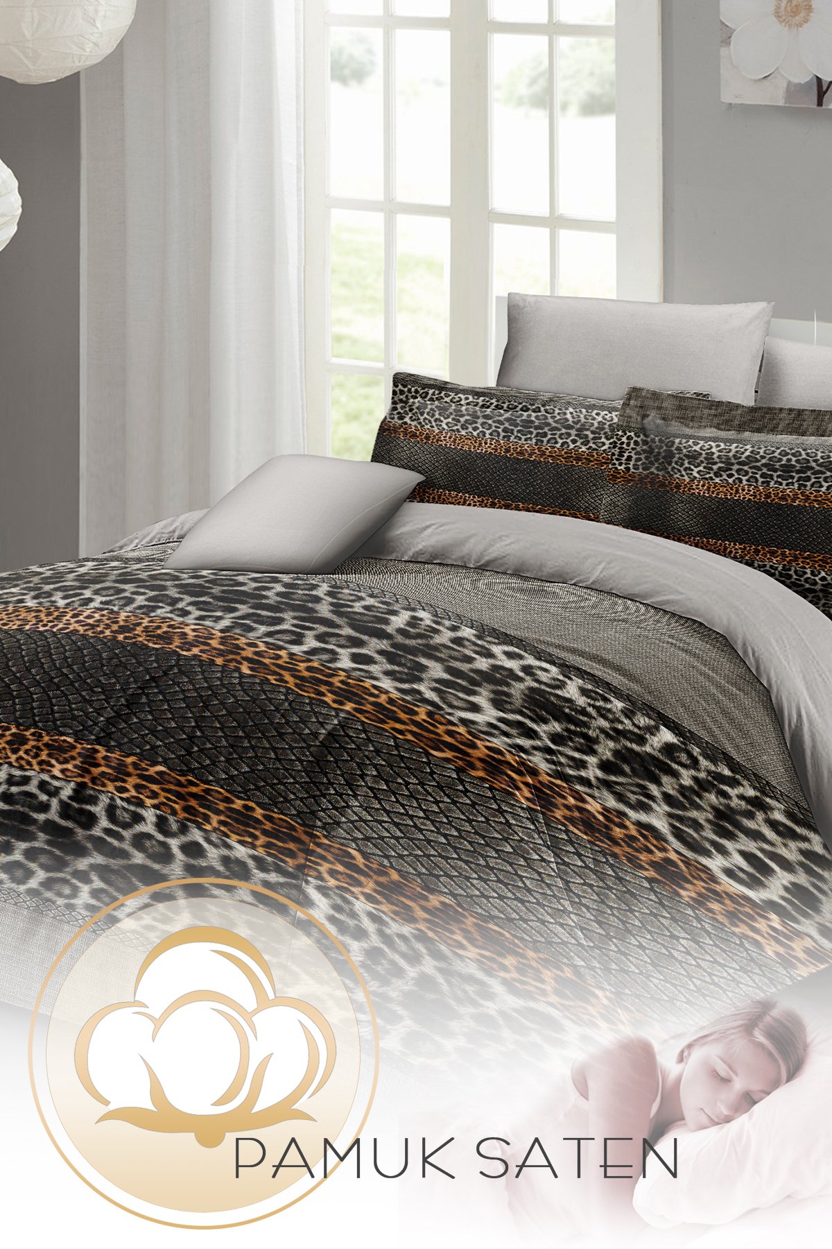 Kıng Sıze %100 Pamuk Saten Çift Kişilik Nevresim Takımı Leopard Snake 220x240cm