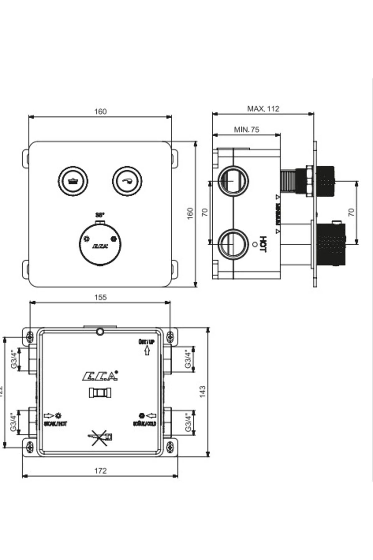 Termostatik Ankastre Duş Bataryası Sıva Üstü-Sıva Altı 2 Yollu 102101402