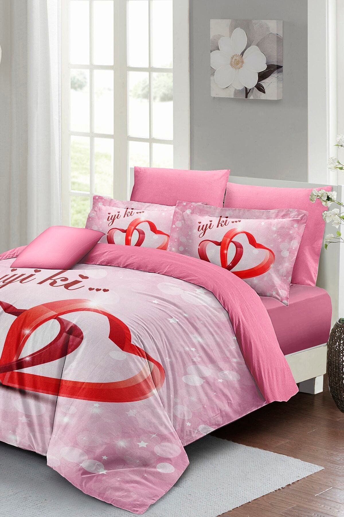 Kıng Sıze Sevgililer Günü Çift Kişilik Nevresim Takımı%100 Pamuk Saten Iyi Ki Sen 220x240cm