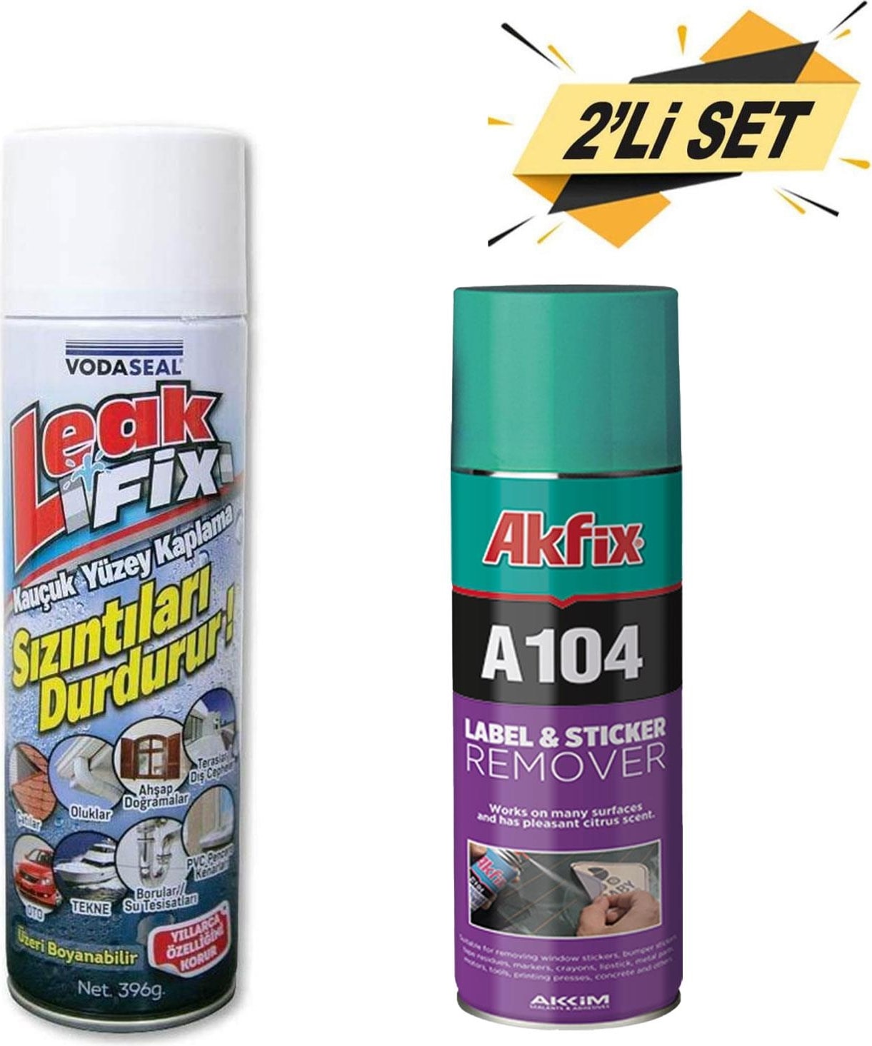 OZKUVVET Leak Fix Su Sızdırmaz Sprey Beyaz 396 gr +Akfix A104 Etiket Sökücü Yapışkan Sökücü Sprey 200 ml