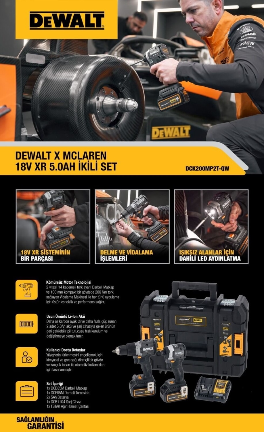 DEWALT Mclaren DCK200MP2T Kömürsüz 18V 5 Ah 2 Li Akülülü Matkap Set