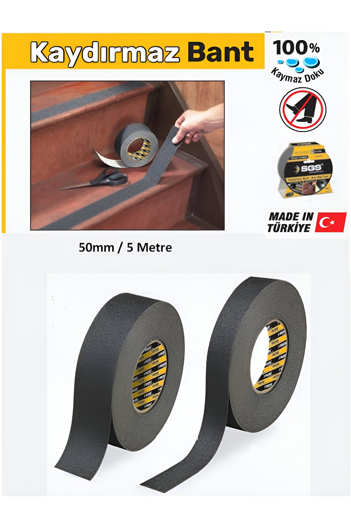 Merdiven Kaydırmaz Bandı 50mm X 5 Metre – Geniş Yüzeylerde Maksimum Güvenlik!