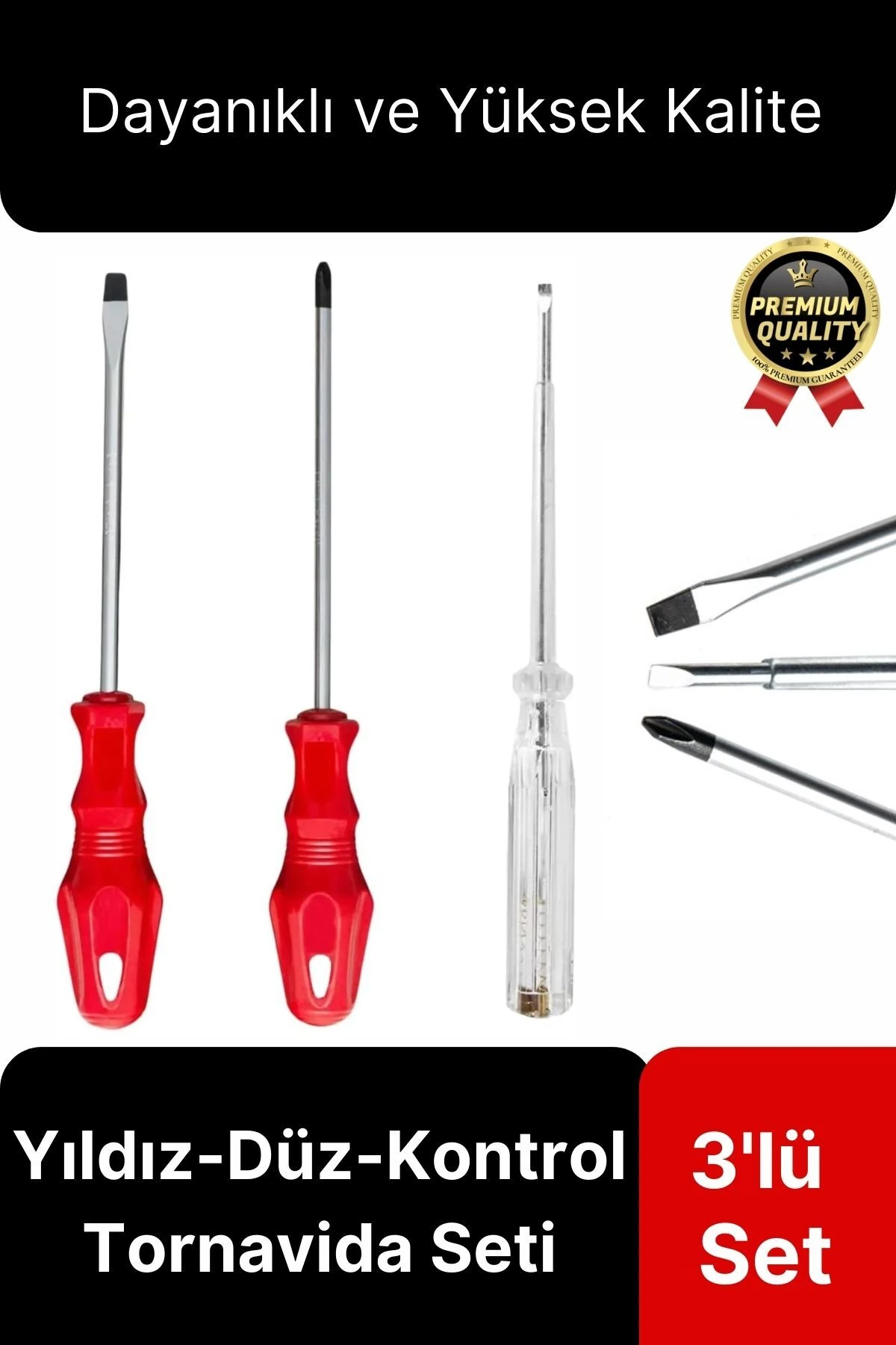 Premium Dayanıklı Ergonomik Vidalama Tamir Tadilat Yıldız Düz Kontrol Kalemi 3'lü Tornavida Seti