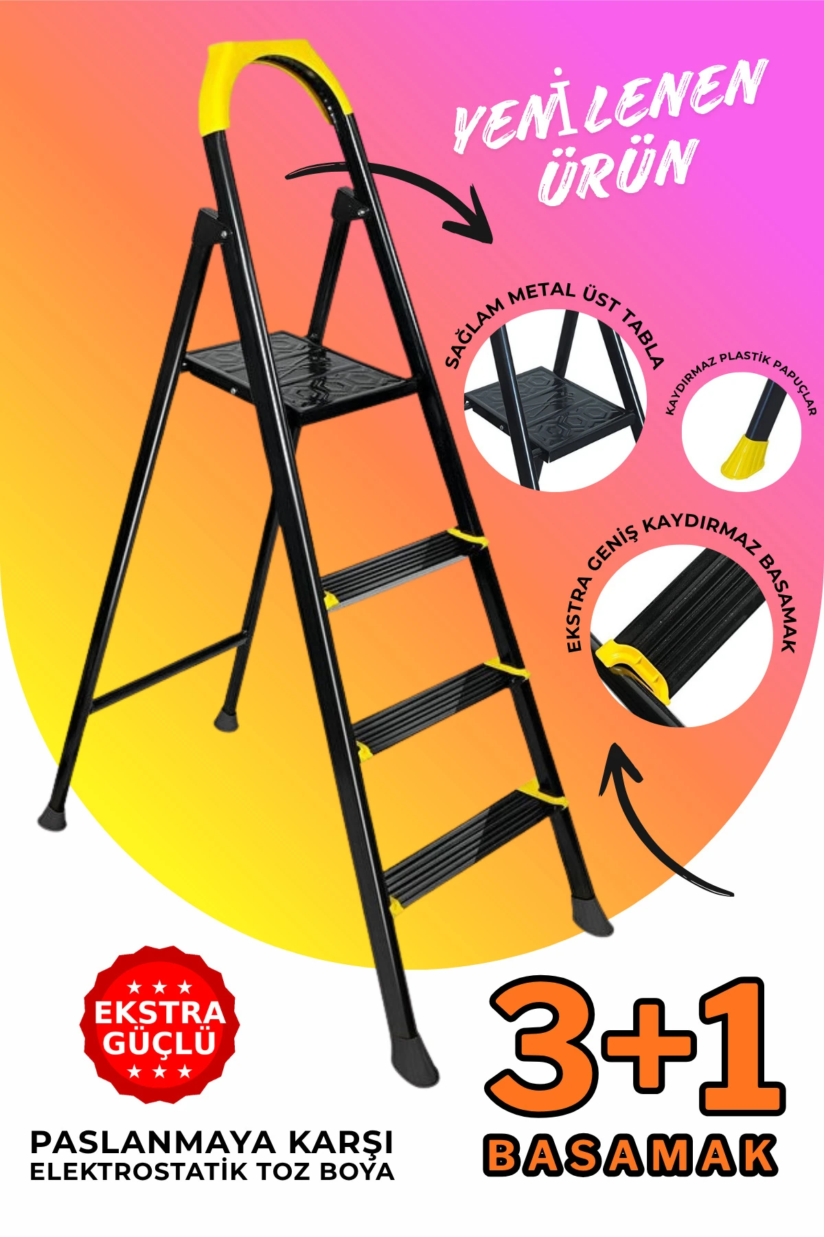 Ze Hardy 3+1 Basamaklı Özel Tasarım Hafif Merdiven (Kaymaz Papuçlu) Dayanıklı Paslanmaz