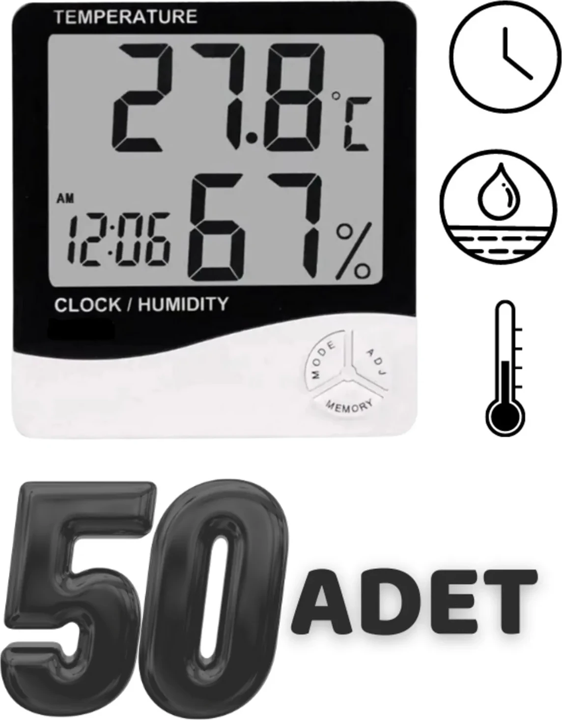 50 Adet Dijital Termometre Sıcaklık ve Nem Ölçer Masa Saati Alarm 50ADET