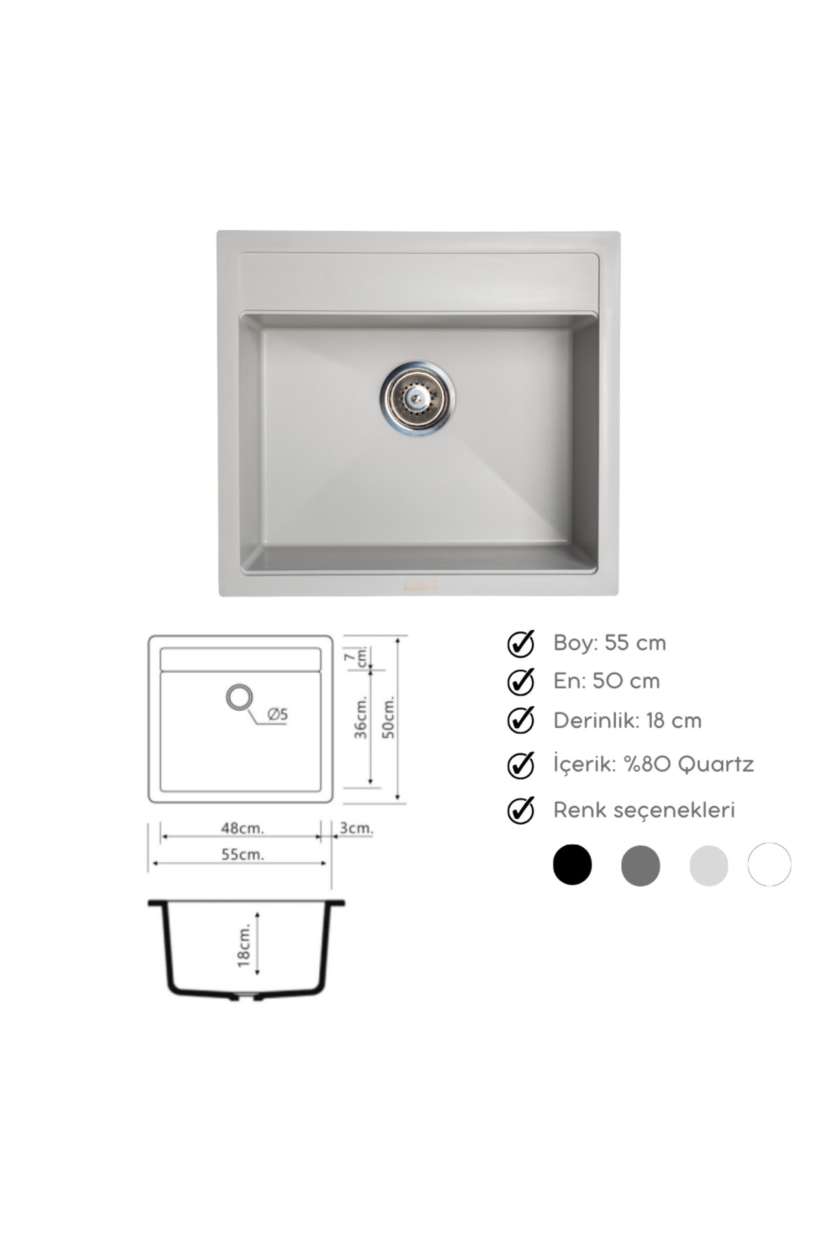 Granit Evye Açık Gri Tek Gözlü Mutfak Evyesi 55 X 50 Cm