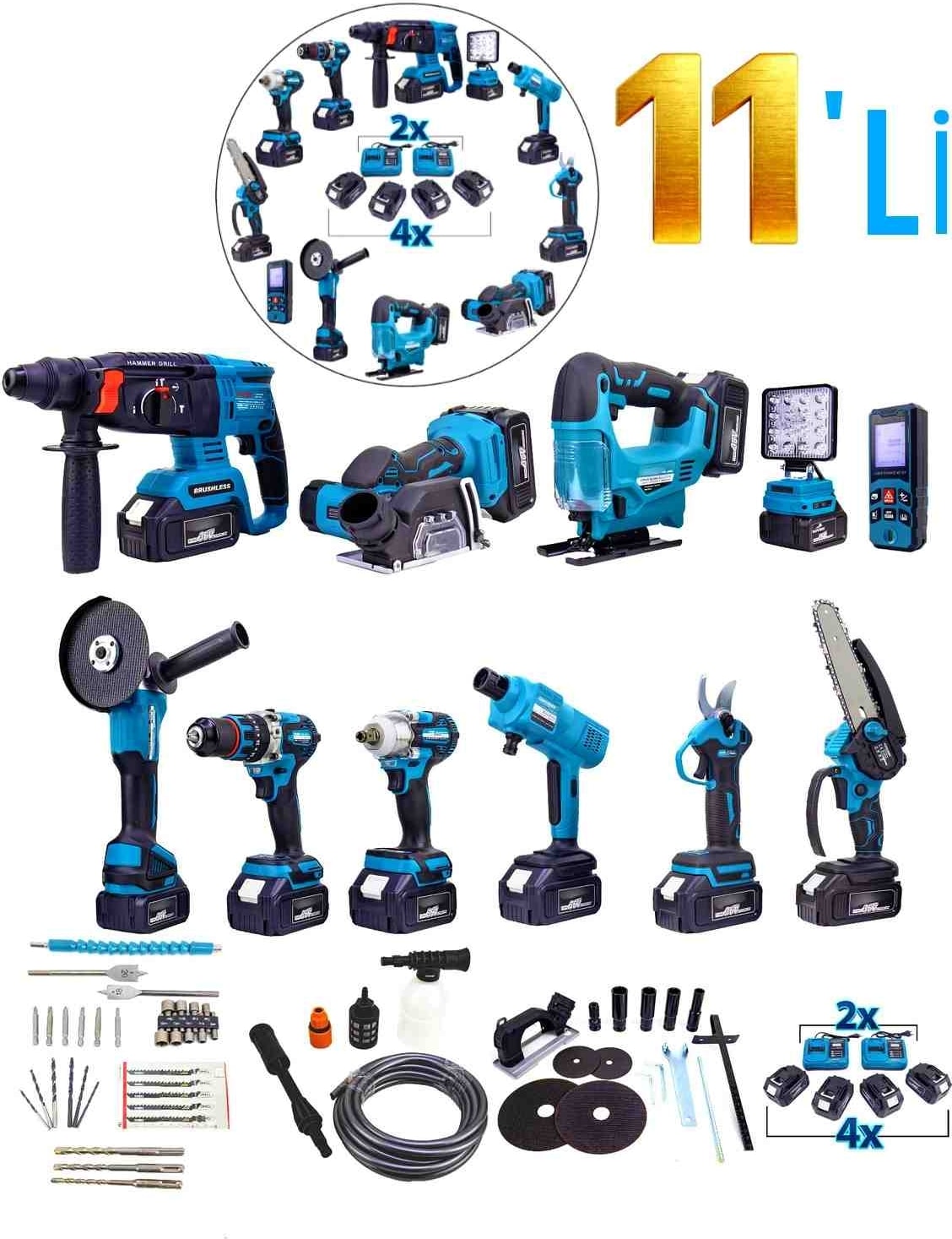 11'li Set, Hilti, Şarjlı Spral, Somun Sıkma, Elektrikli Matkap, Zincirli Testere, Budama Makası, Dekupaj, Lazer Metre, Oto Yıkama, Taşlama