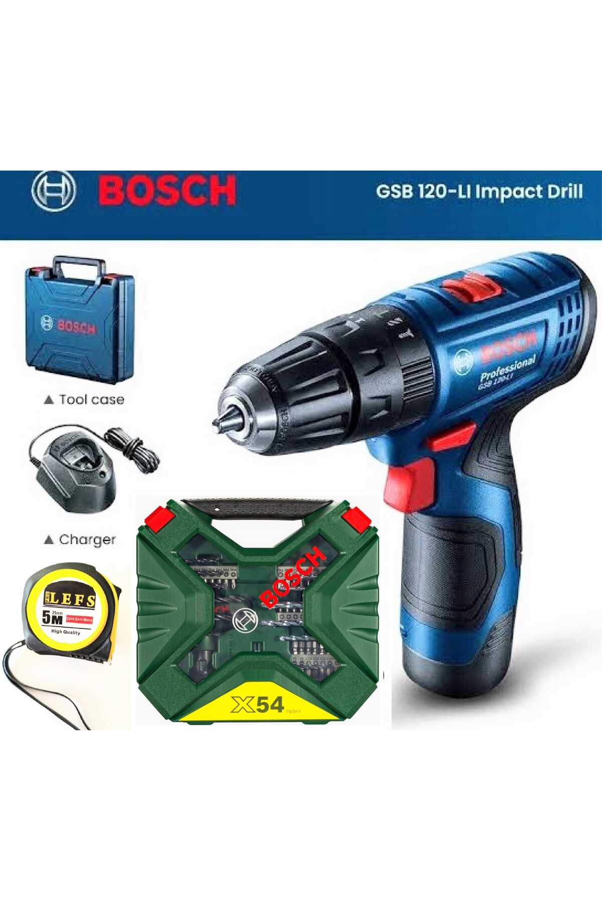 BOSCH Gsb 120 li Darbeli (TEK AKÜLÜ) Matkap Vidalama , X-Line 54 Parça Aksesuar Seti ve Metre