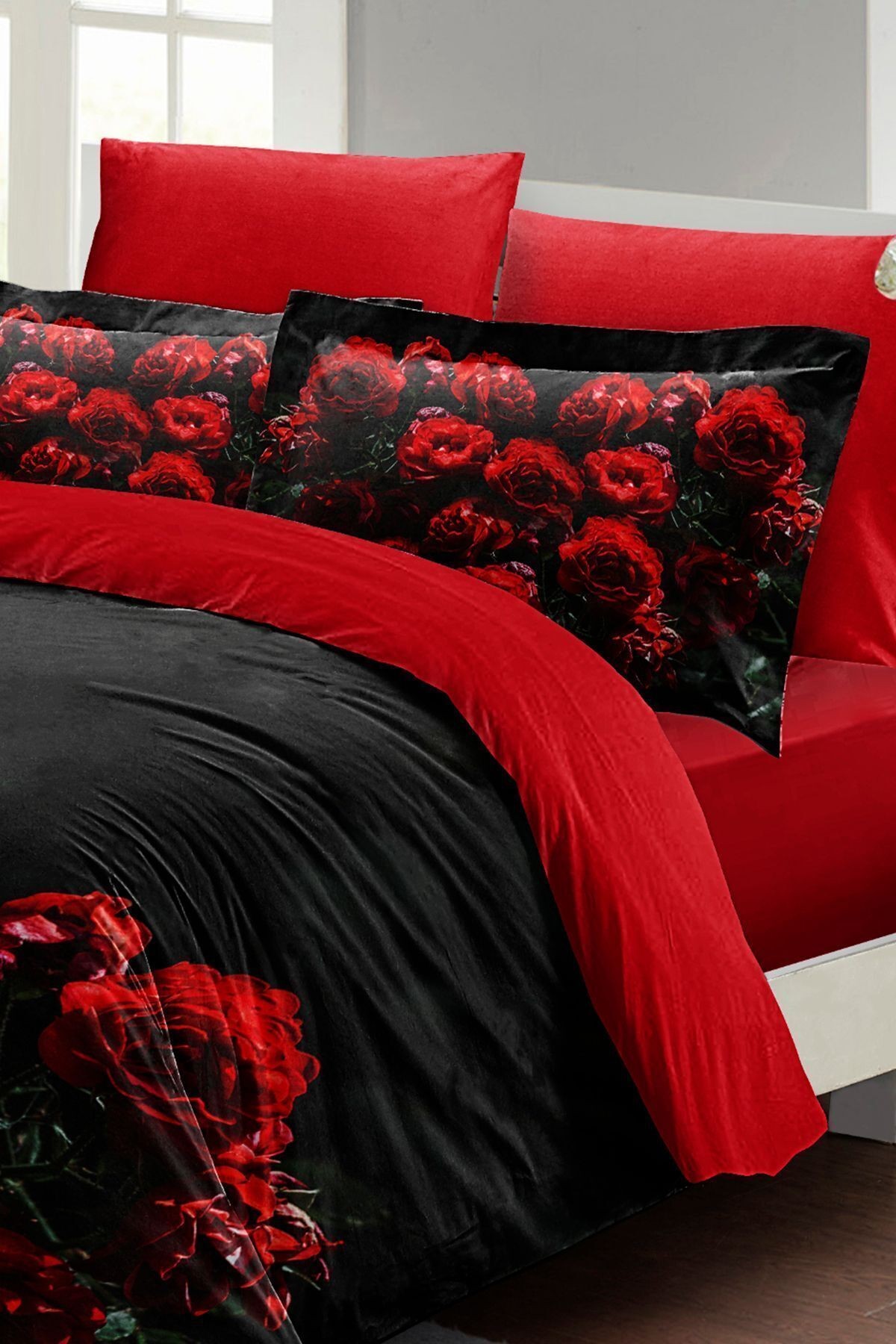 Sevgililer Günü Özel Çift Kişilik Nevresim Takımı Pamuk Saten Black Rose