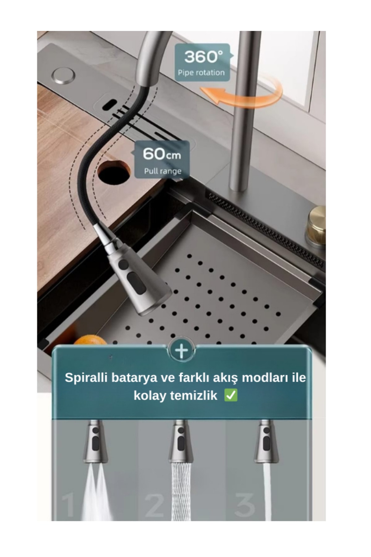Mutfak Eviyesi Teknolojik Akıllı Evye Paslanmaz Çelik Bal Peteği Yüzey-Nano PVD kaplama-SİYAH