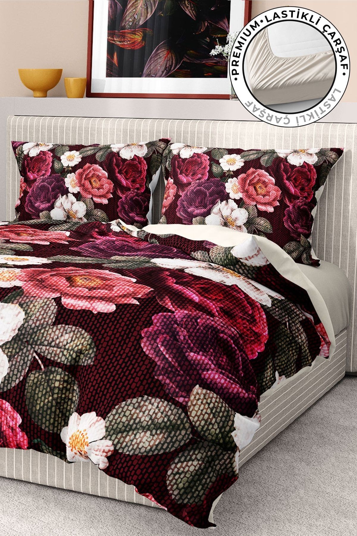 Nevresim Takımı %100 Pamuk Saten Lastikli Çarşaf Deluxe Koleksiyon Çift Kişilik 3d Goblen