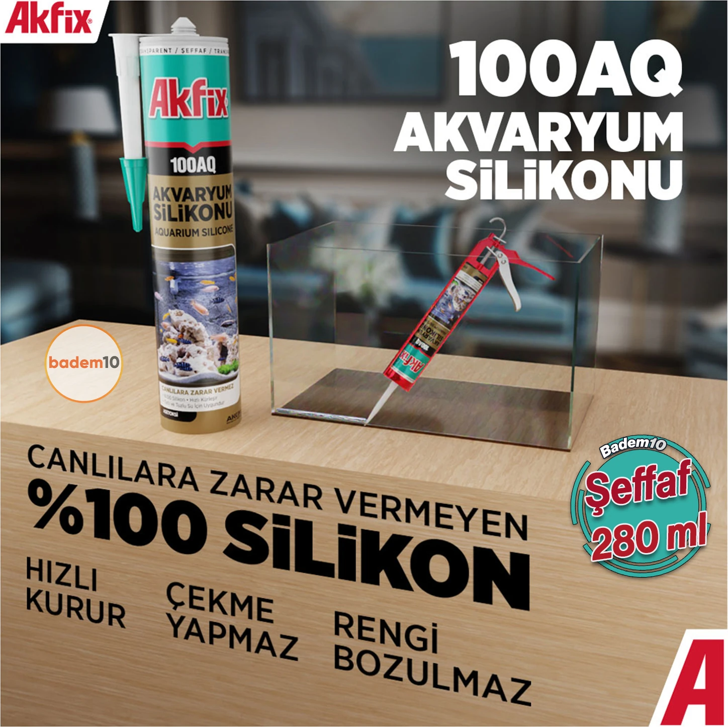 100AQ Akvaryum Sızdırmaz Silikonu Şeffaf Solvent Içermeyen Silikon 280 ml
