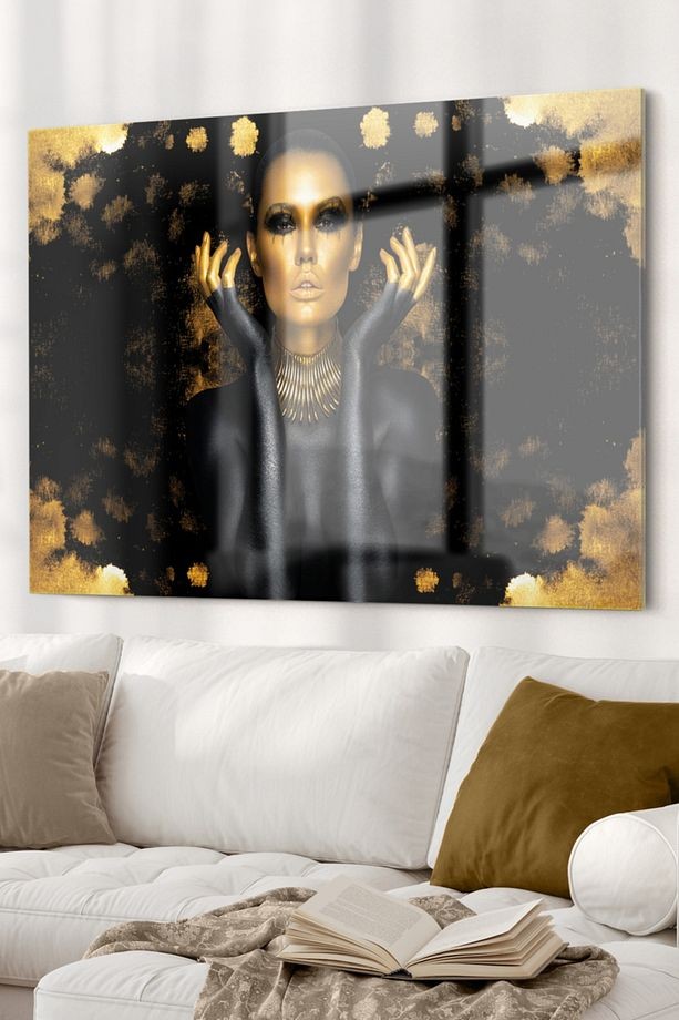 Gold Detaylı Siyahi Kadın | Etnik Temalı Cam Tablo | 50x70 Cm