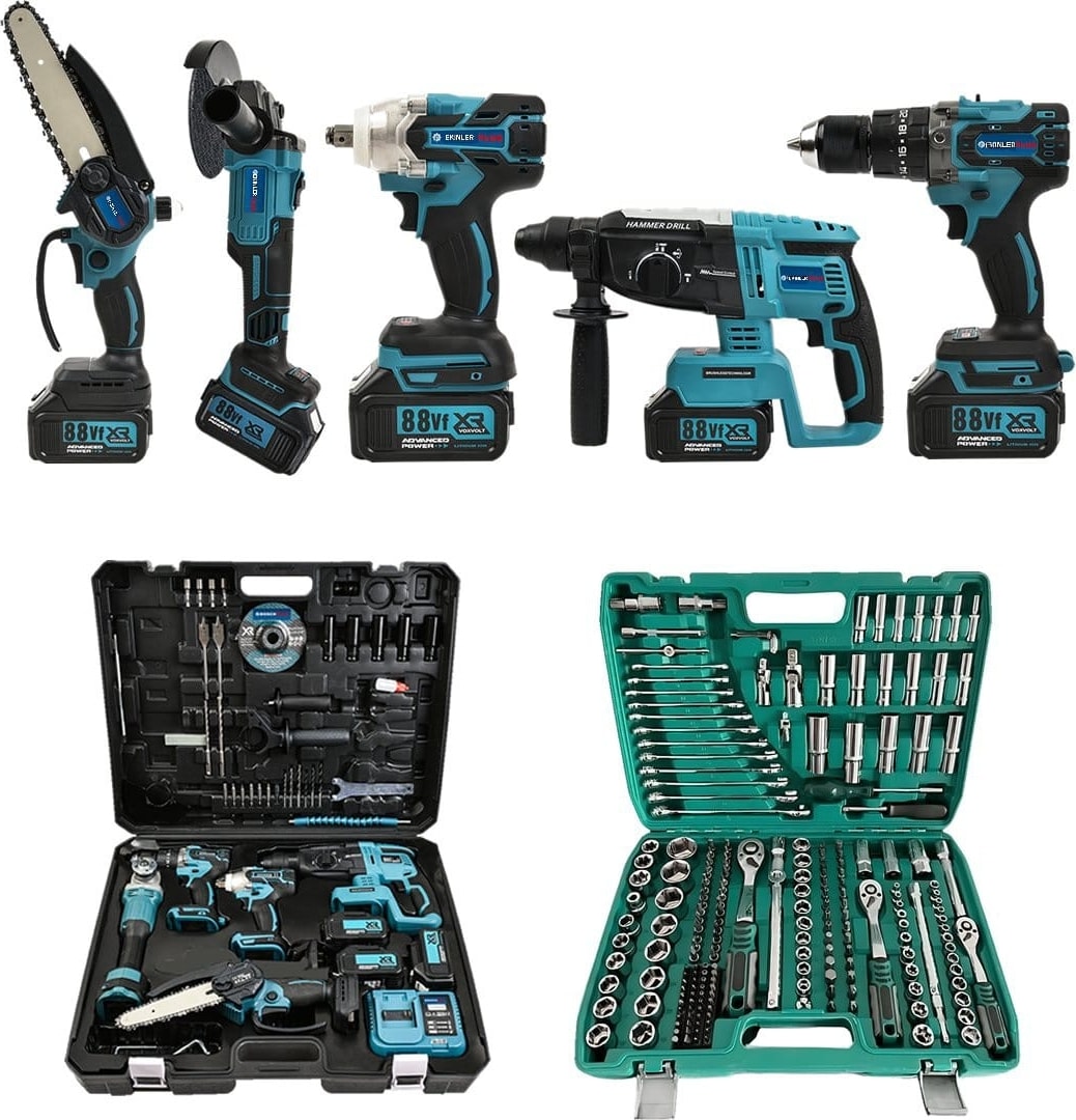 Akülü 6 Lı Grup Set ( 5li Makina Seti Avuç Taşlama,kırıcı Delici,somun Sıkma Sökme,vidalama,budama Testere + 216 Parça Lokma Seti ) EEA432