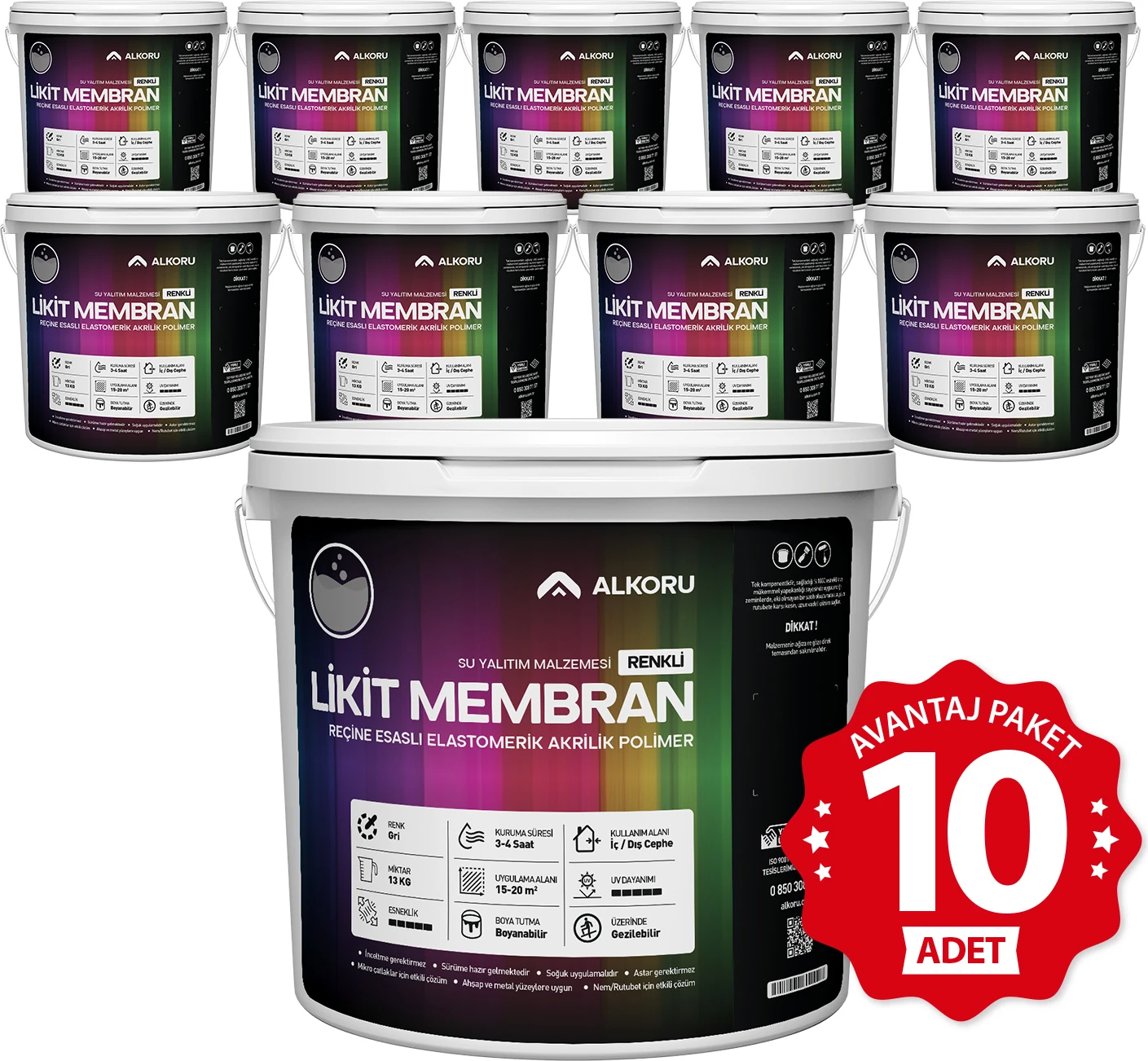 10 Adet 13 kg Gri Likit Membran Renkli Reçine Esaslı Sıvı Su Yalıtım Malzemesi Avantaj Paket