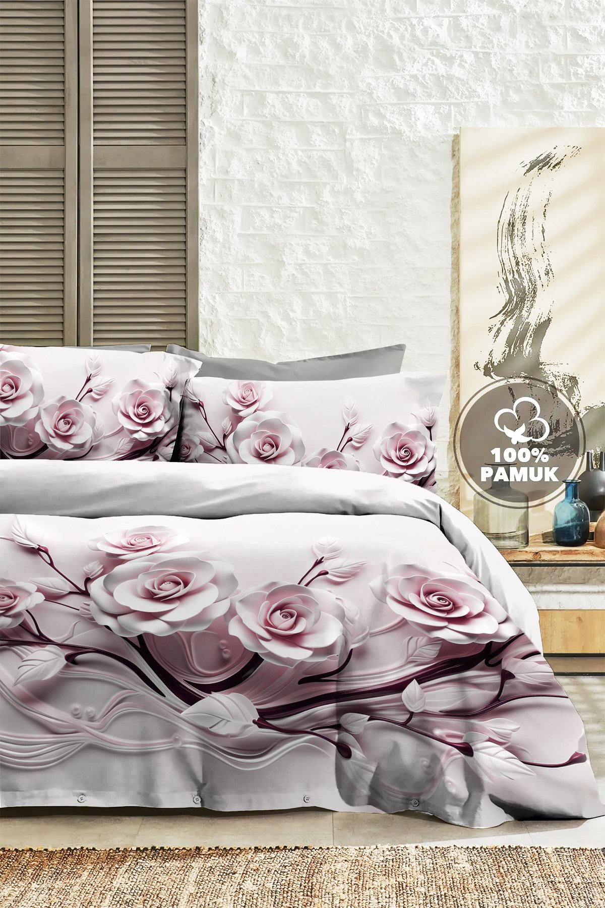%100 PAMUK Ranforce Çeyizlik Luxury 5D Dijital Çift Kişilik Nevresim Takımı Rose