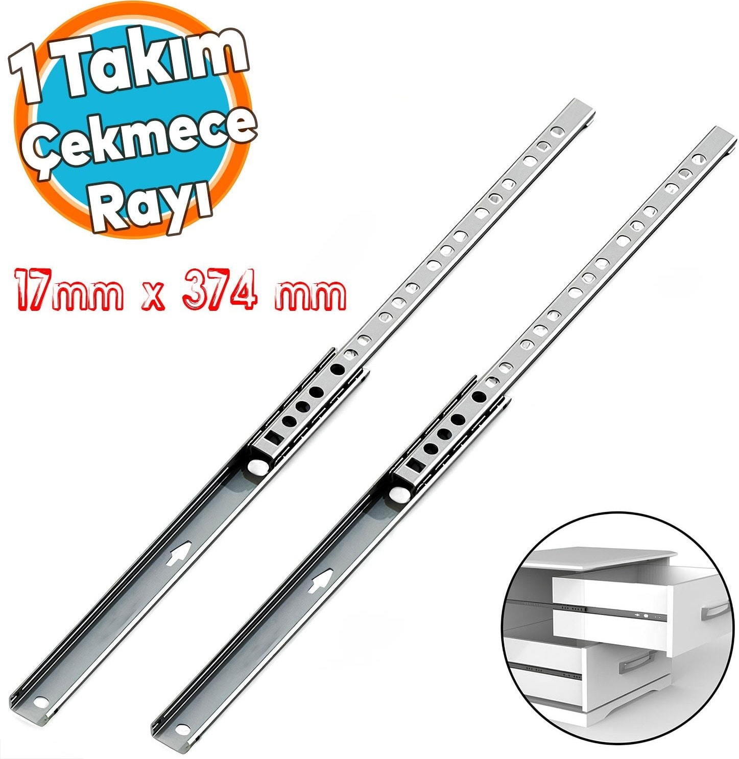 Teleskopik Ince Bilyeli Bilyalı Dolap Çekmece Rayı Sürgüsü Metal En 1.7 cm 17 mm Uzunluk 37.4 cm