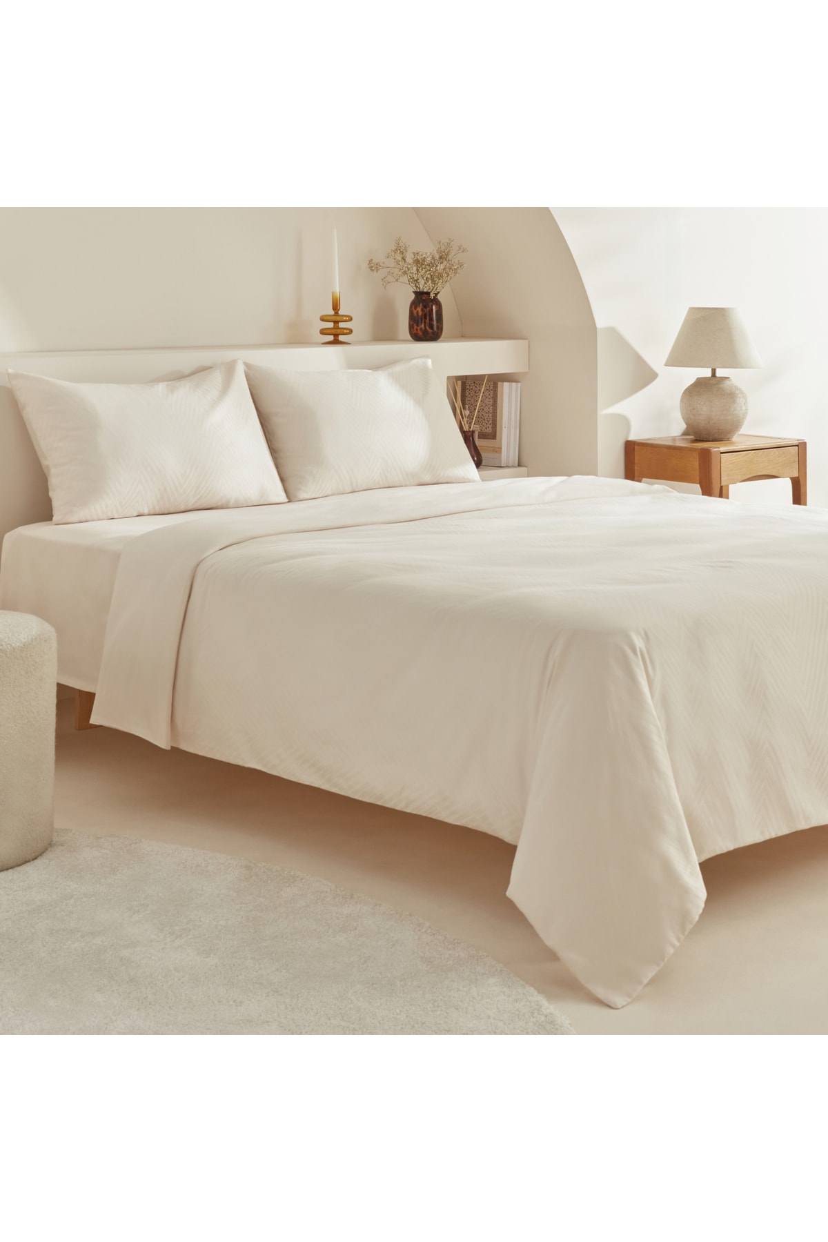 Sion %100 Pamuk Jakarlı Saten King Size Nevresim Takımı Ekru