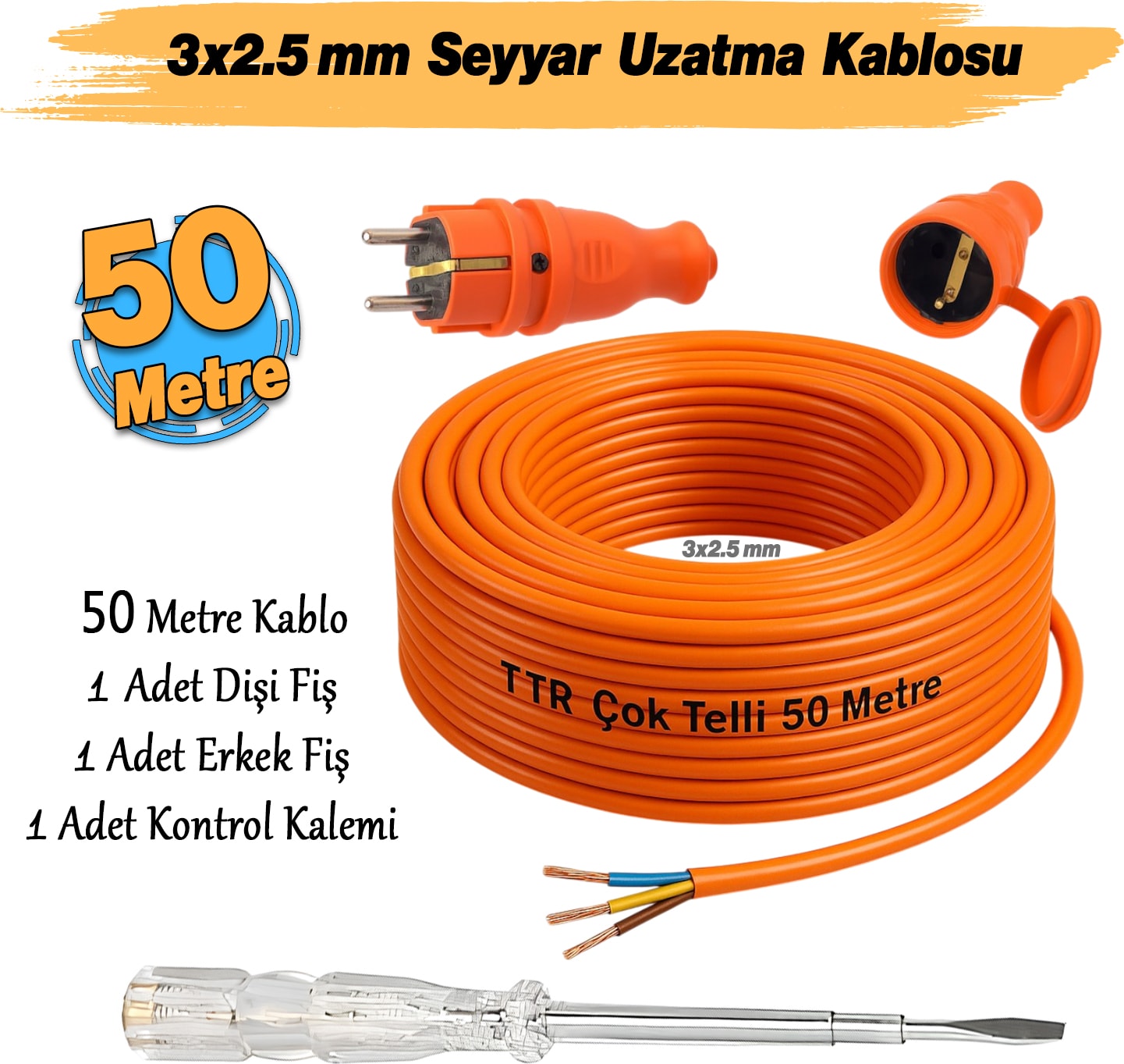 Seyyar 50 Metre Uzatma Kablosu Ttr Cca Telli 3x2.5 mm Elektrik Kablo Kontrol Kalem Dişi Erkek Fiş