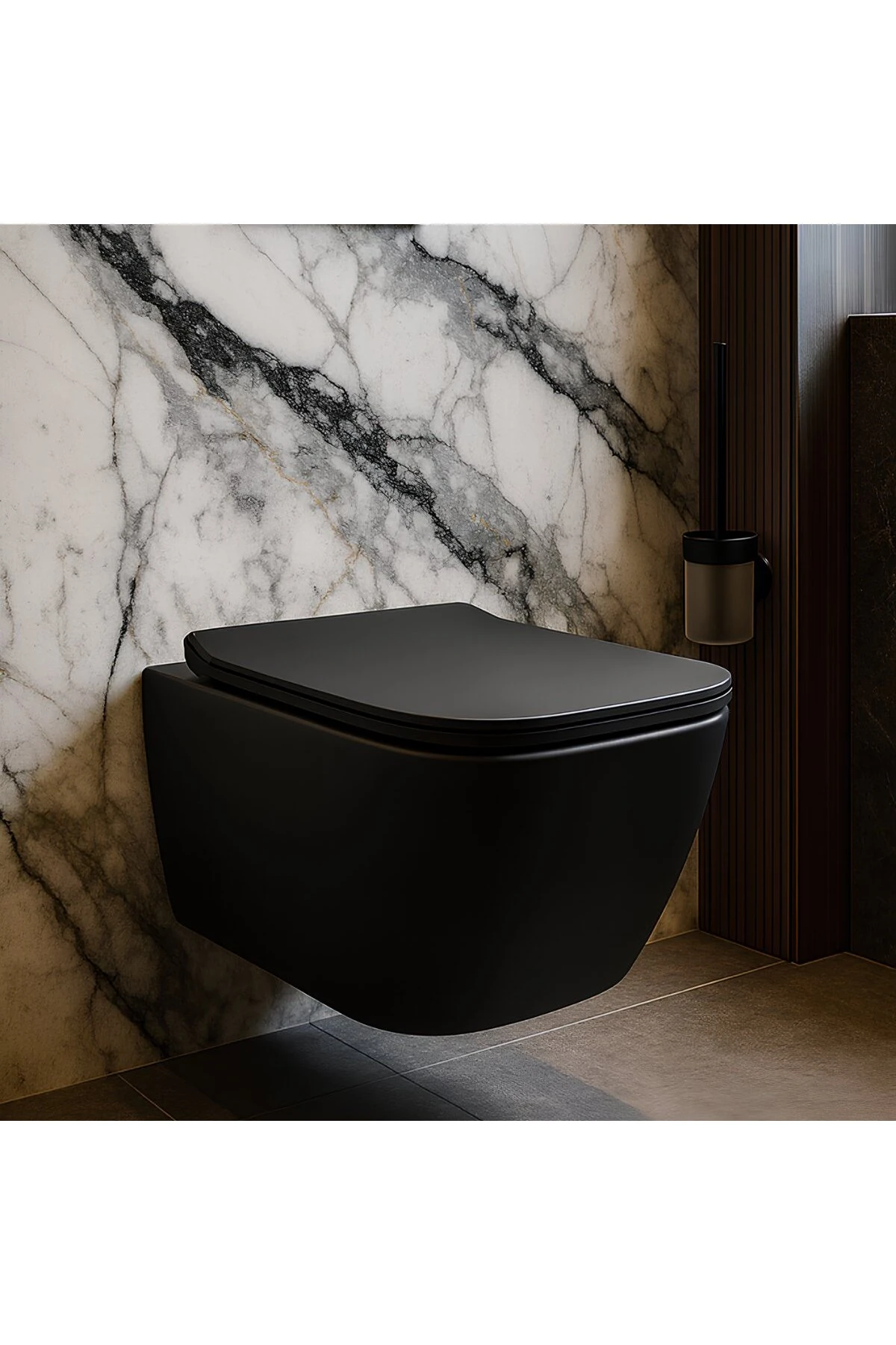 Luna Kanalsız Mat Siyah Asma Klozet LN5610S, Luna Mat Siyah Duroplast Yavaş Kapak