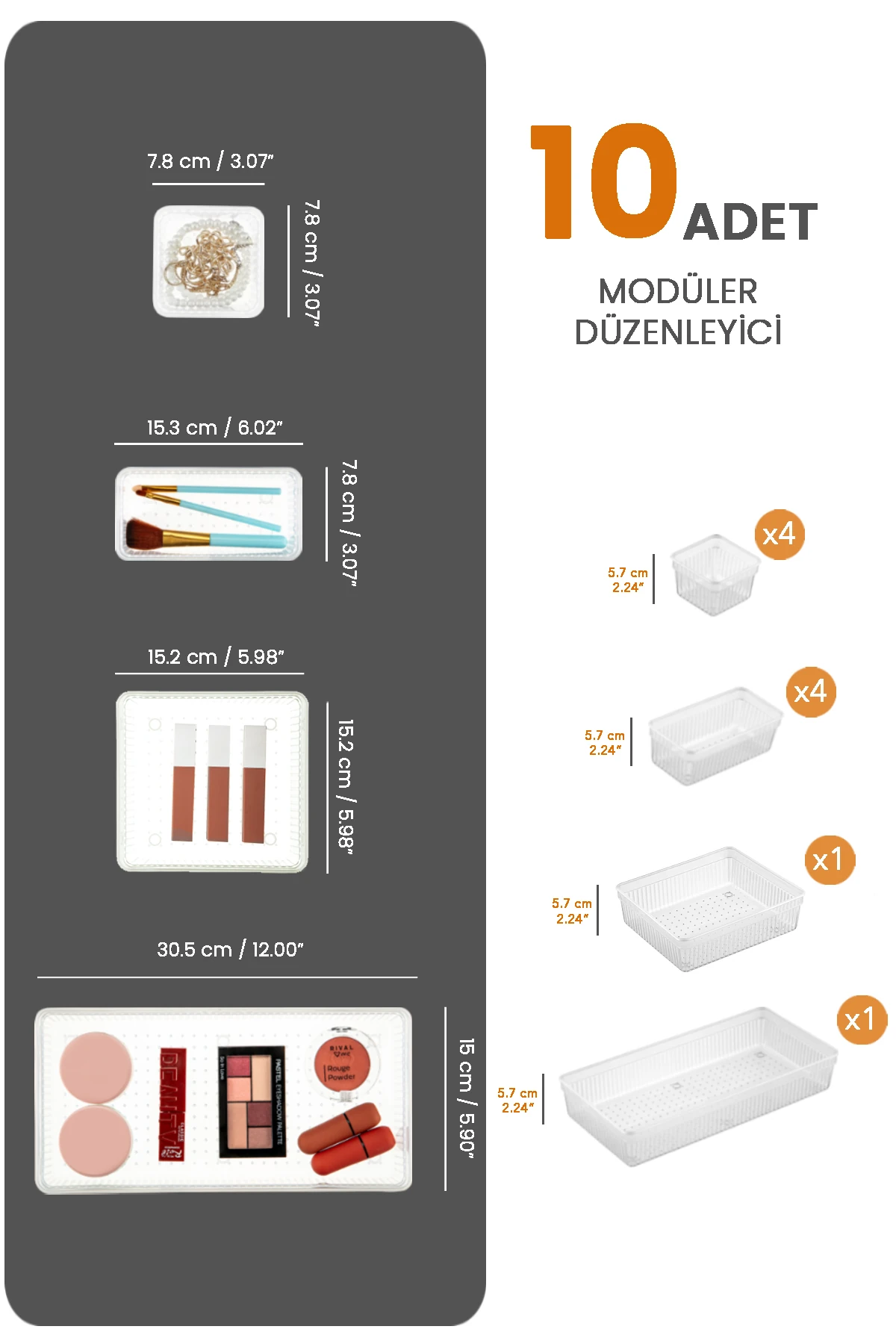 10'lu Çekmece İçi Çok Amaçlı Organizer -Kozmetik Takı Makyaj Organizeri Dolap İçi Düzenleyici Şeffaf